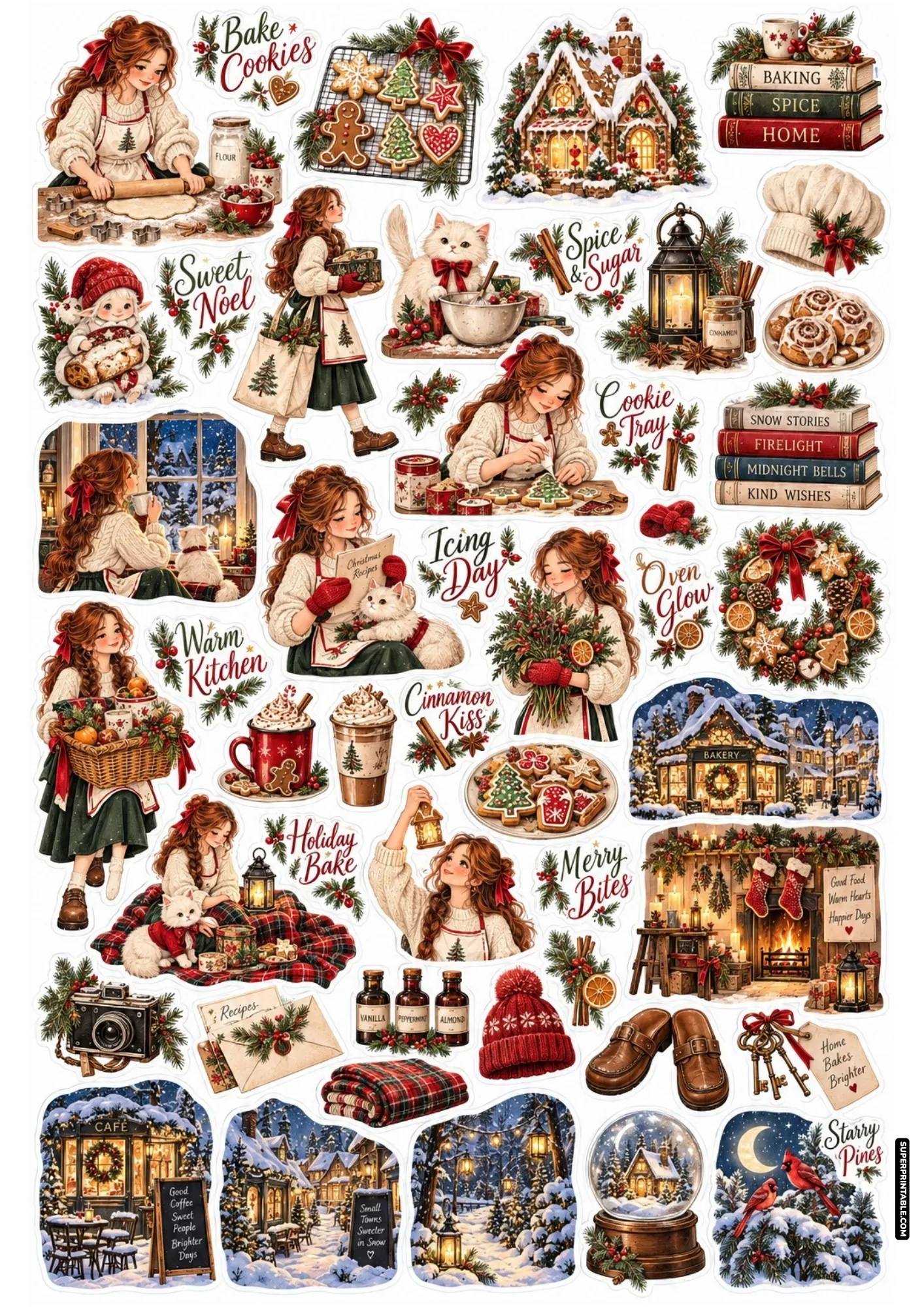 Detailed Christmas sticker sheets showing holiday baking, gingerbread cookies, rolling pins, and cozy warm kitchens.