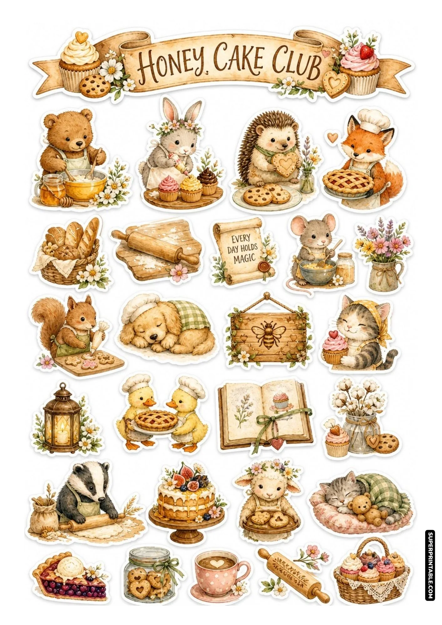 Charming watercolor sticker sheet of cute forest animals making honey cakes and pastries.