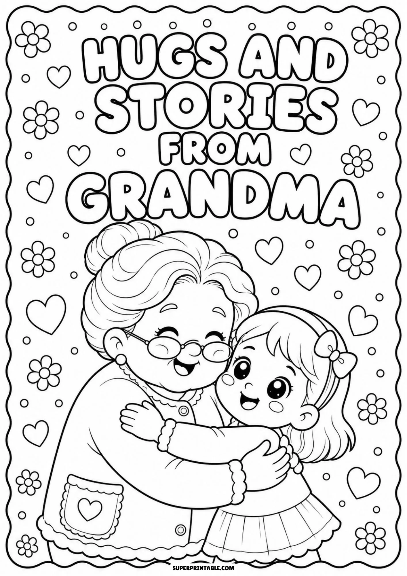 Line art of a cheerful grandmother embracing a smiling young girl surrounded by hearts and flowers.