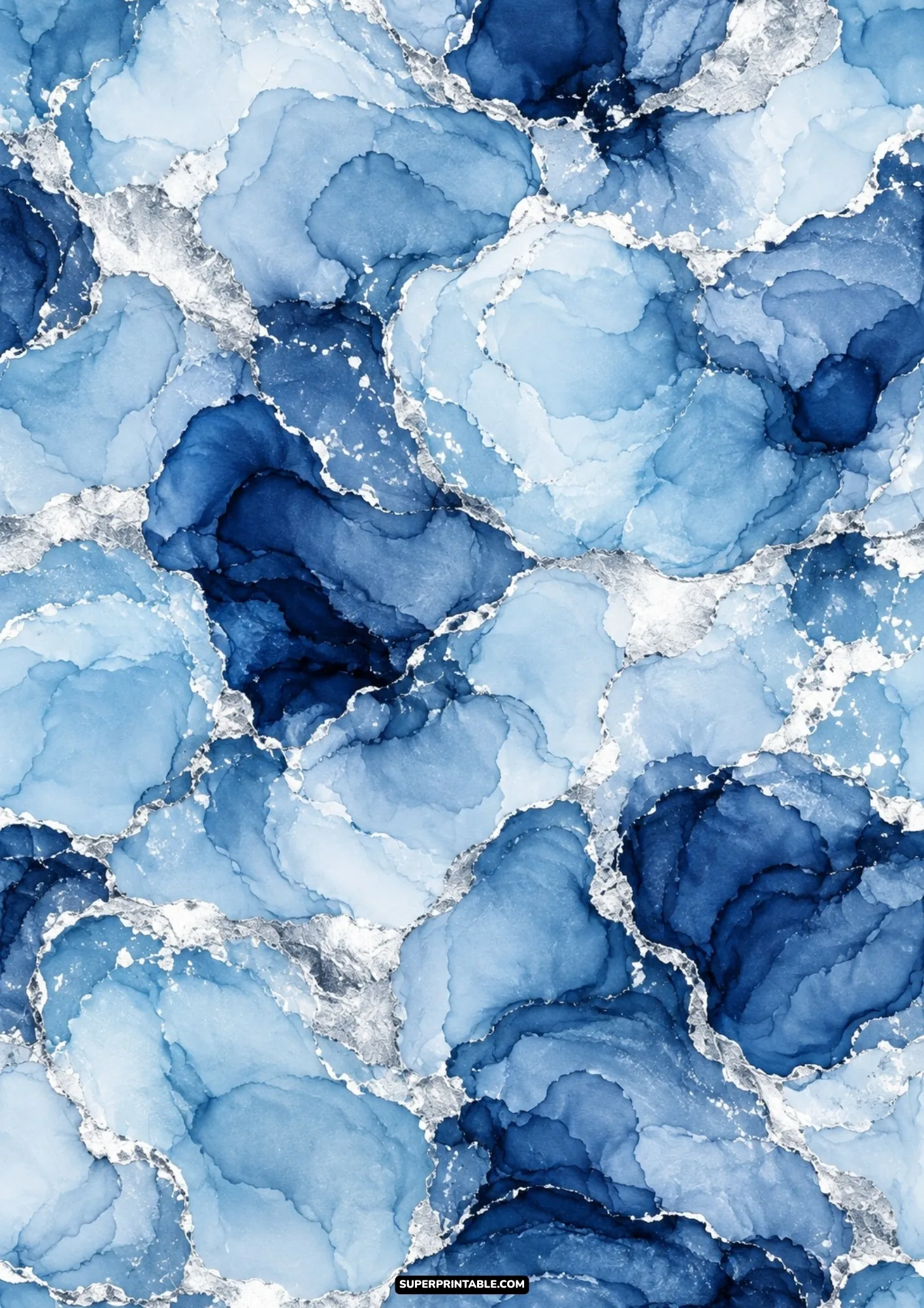 Deep indigo and icy blue alcohol ink fluid marble pattern threaded with metallic silver leaf crackle veining