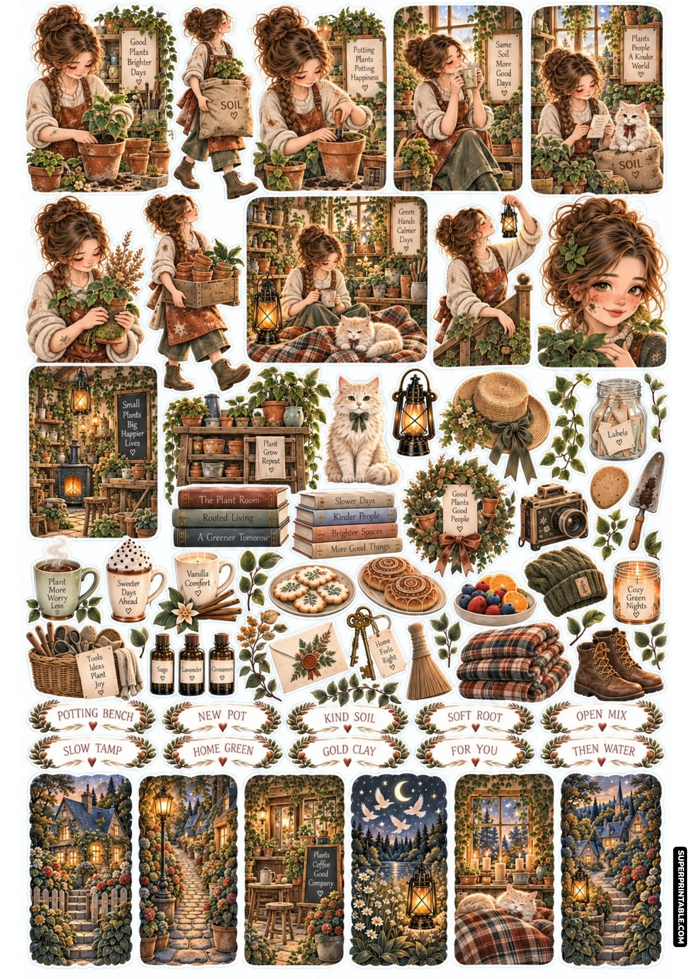 Clay and kiln sticker sheets showcasing botanical potting benches, rich soil bags, and indoor plant care routines.