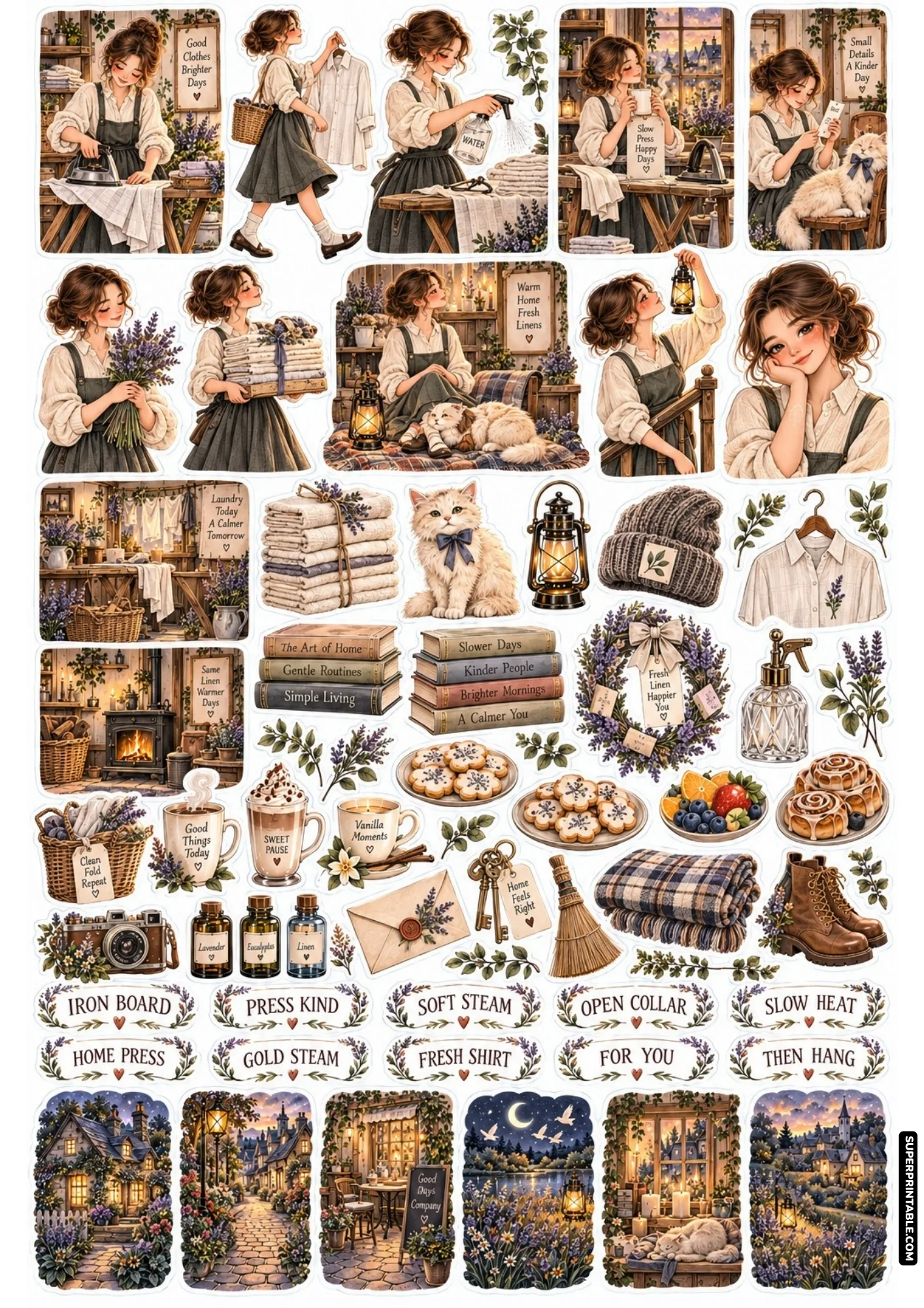 Cozy home pressing stickers with cottagecore girls ironing crisp white shirts, water spritzers, and fragrant lavender.