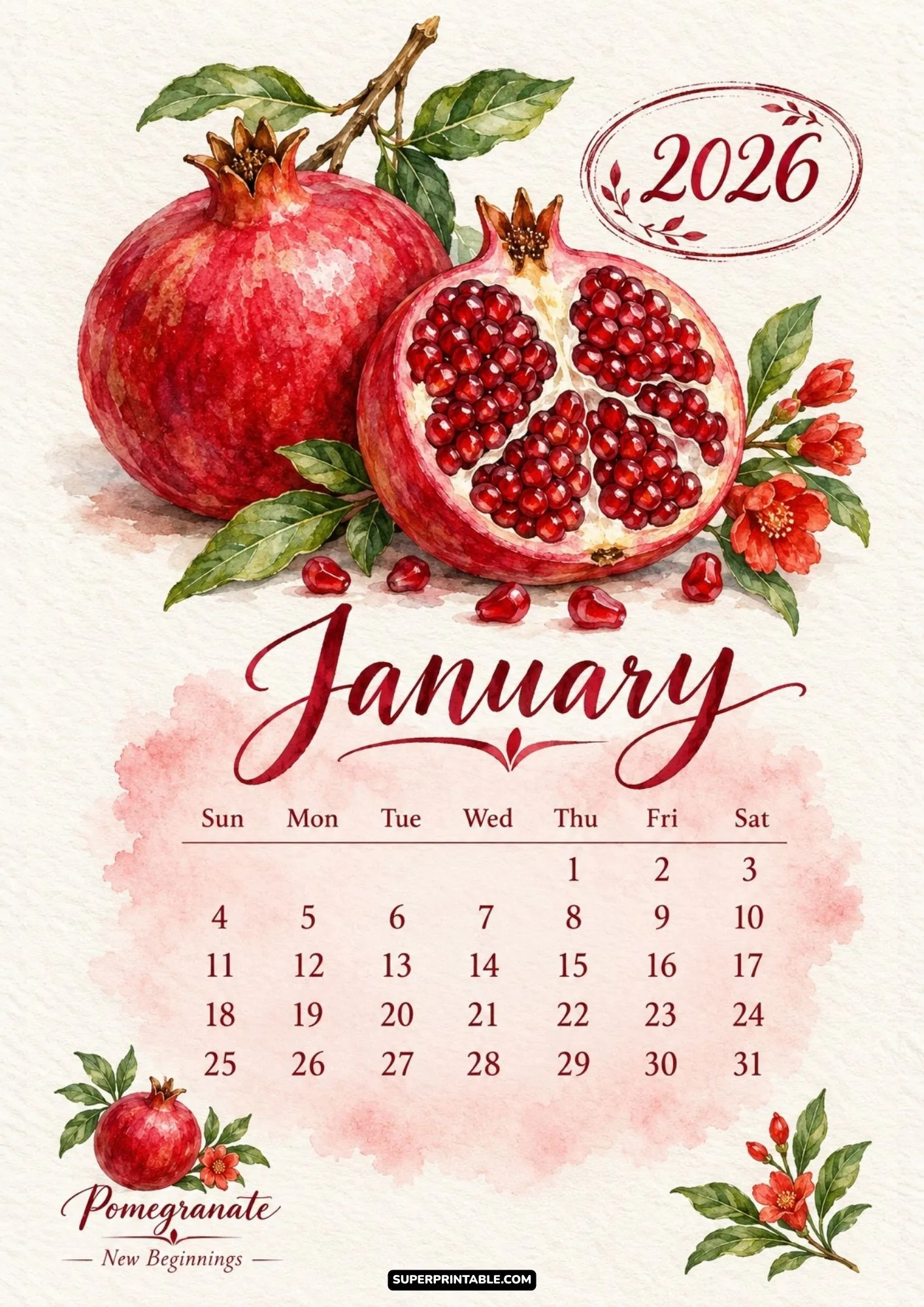 January page of watercolor fruits 2026 monthly calendar showing painted pomegranates and seeds.