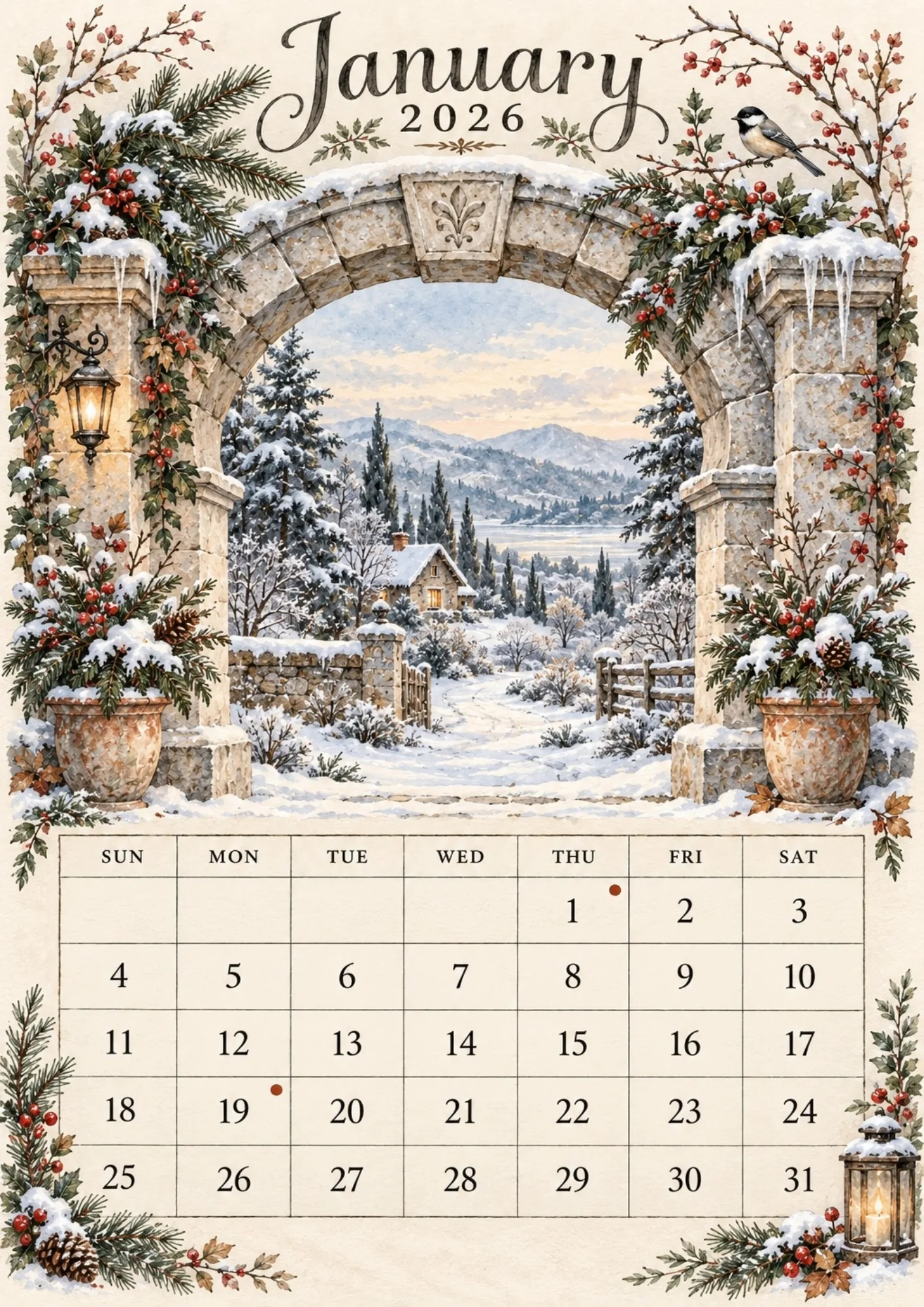 January 2026 sheet from the watercolor arch 2026 calendar printable showing a snowy cottage and stone arch.