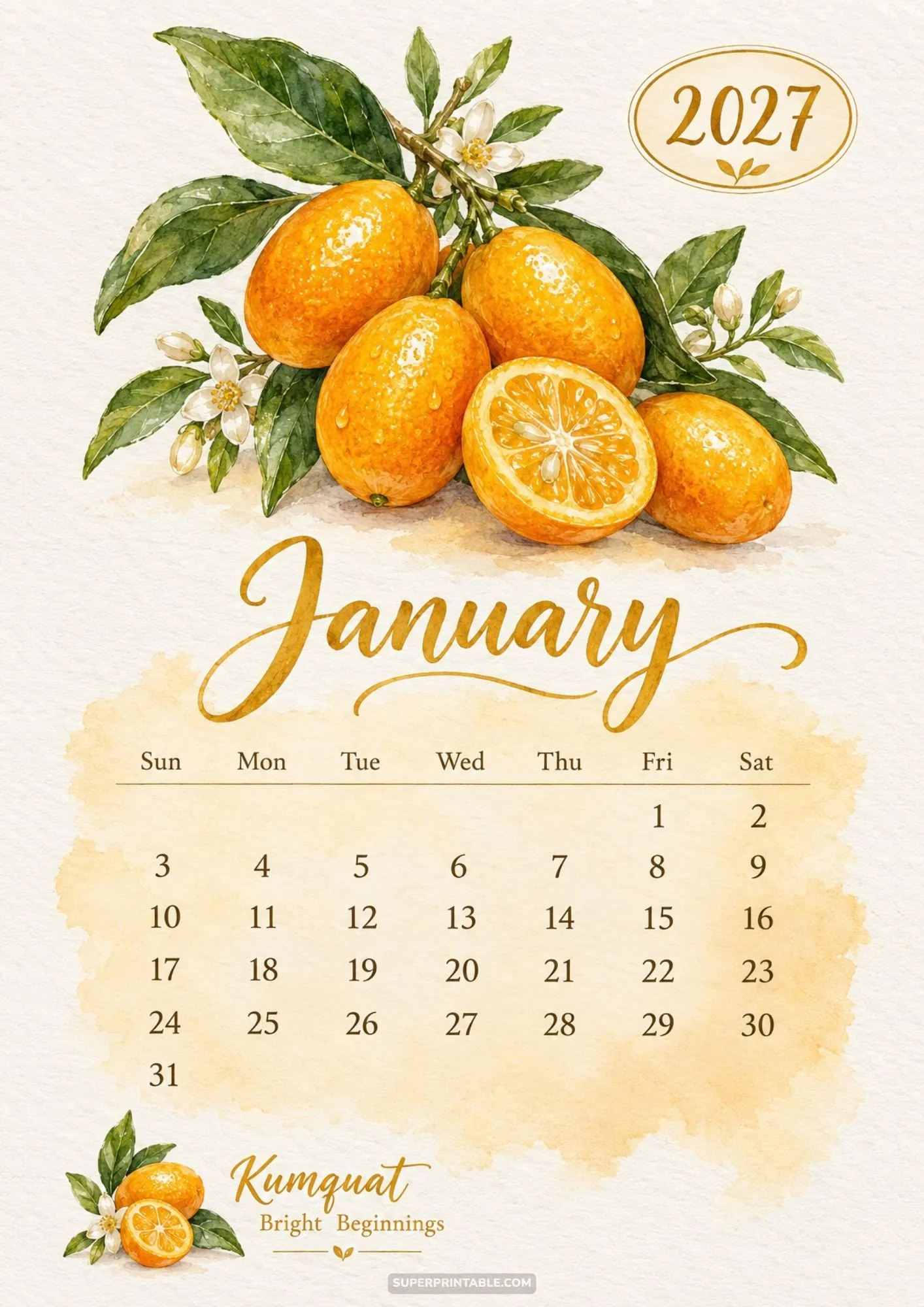 January page of the 2027 watercolor fruit calendar with painted orange kumquats and blossoms.
