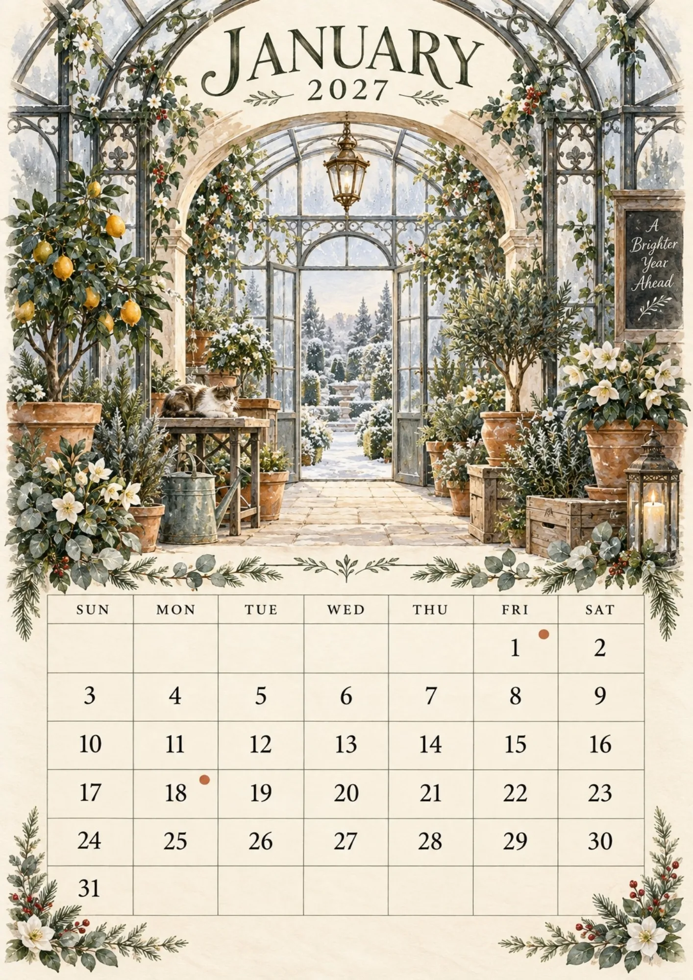 January 2027 sheet from the watercolor arch 2027 calendar printable showing a cozy winter conservatory.