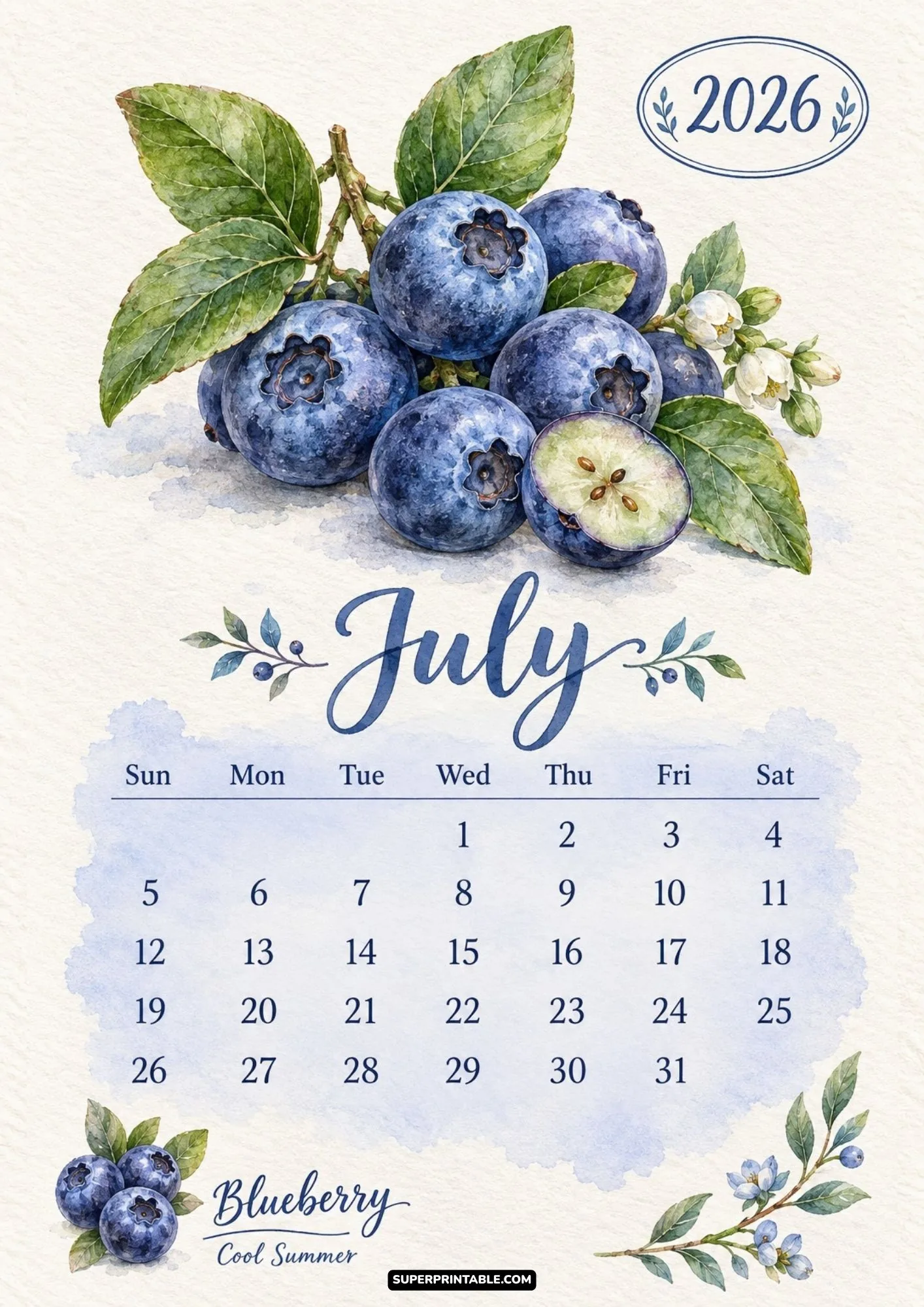 July 2026 monthly planner sheet decorated with watercolor blueberries and cool blue background wash.