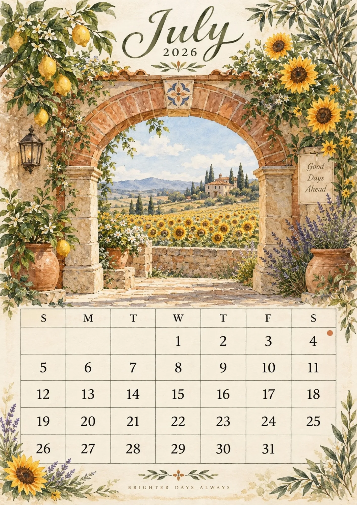 July 2026 printable calendar page with lemon boughs, golden sunflowers, and a scenic Tuscan hillside villa.