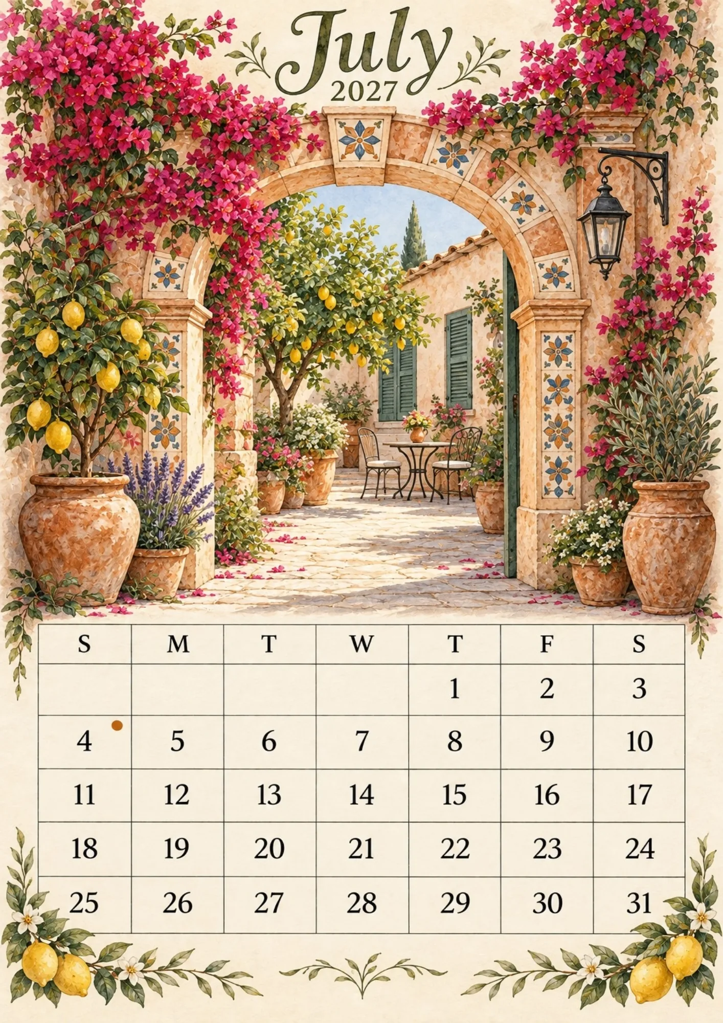 July 2027 printable calendar featuring sunlit terracotta archway, ripe lemon trees, and pink bougainvillea.