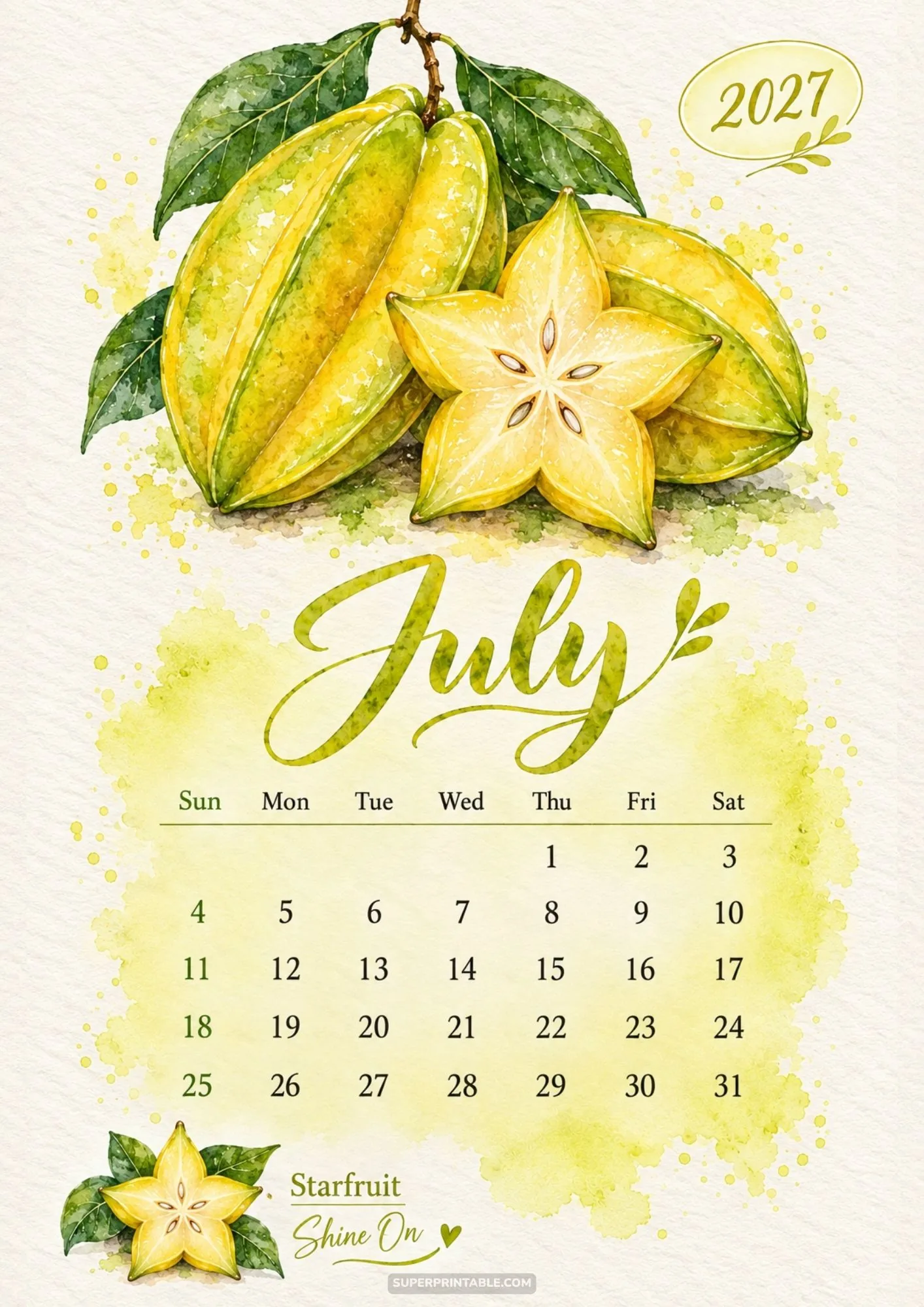 July calendar sheet artwork featuring sunny watercolor starfruit slices and vibrant yellow wash.