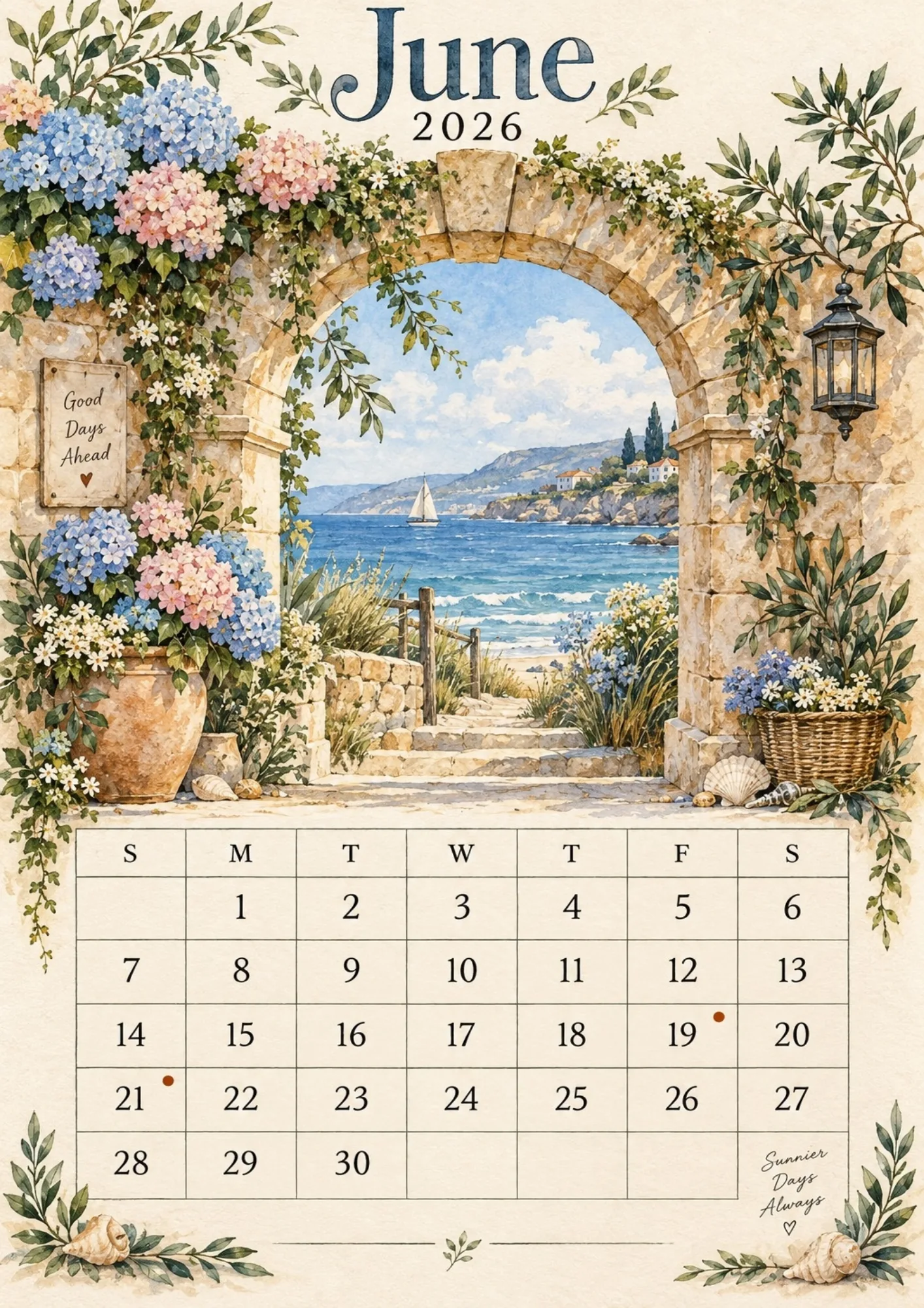 June 2026 monthly calendar view through a sunny stone archway toward turquoise ocean waters and a sailboat.