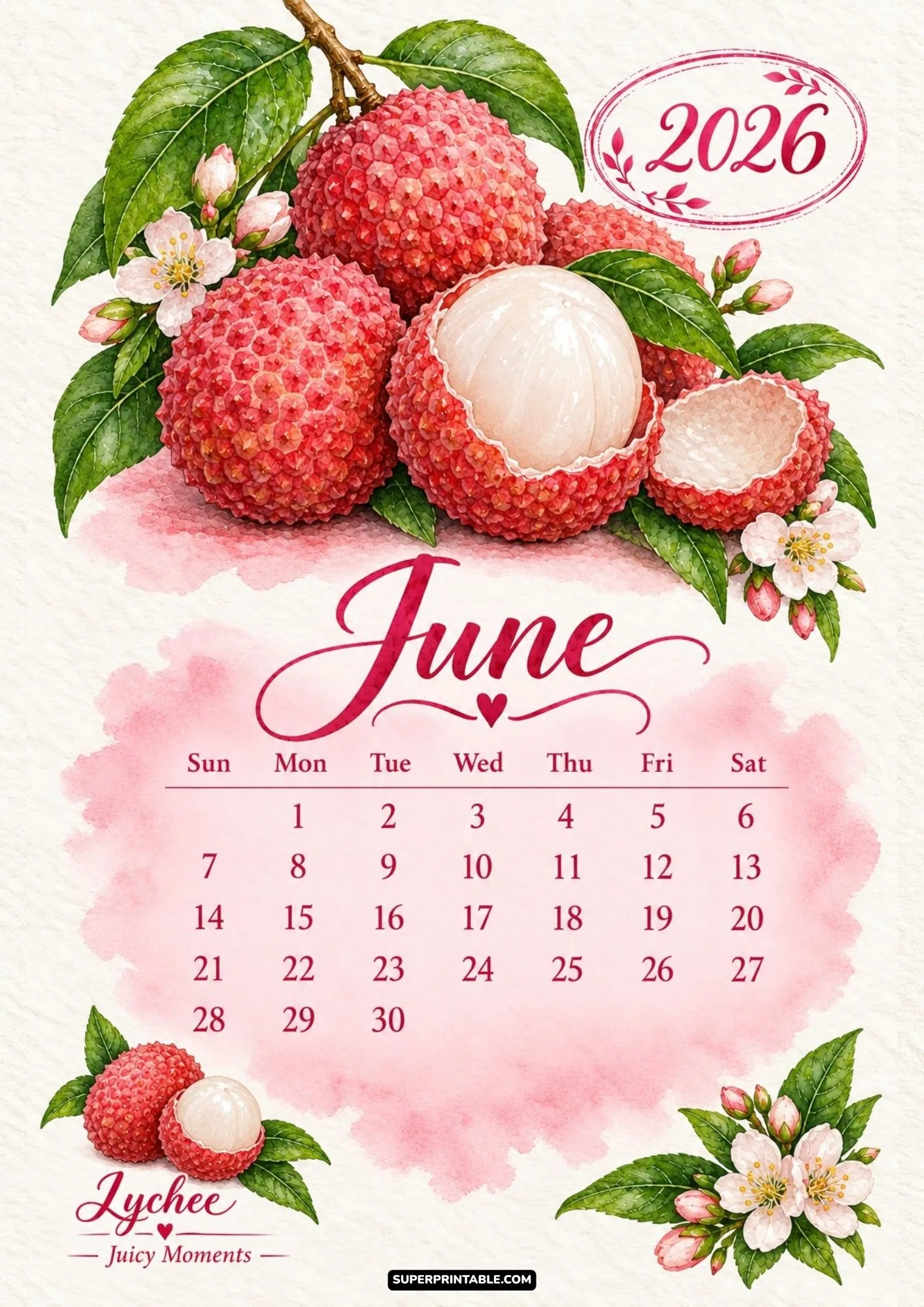 June 2026 monthly calendar design displaying exotic watercolor lychee fruit clusters and blossoms.
