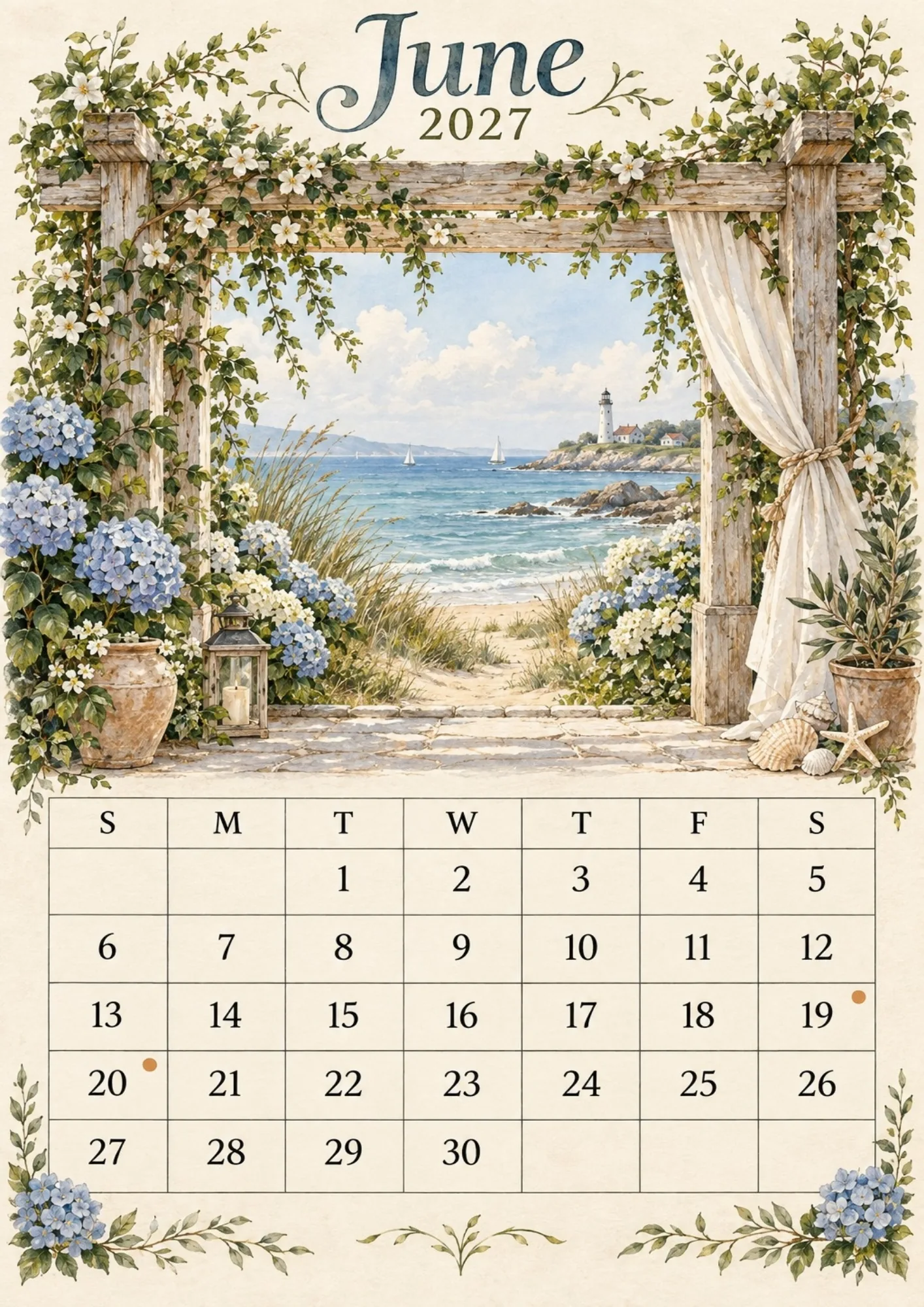June 2027 monthly calendar view through a wooden coastal pergola toward blue sea waters and a lighthouse.