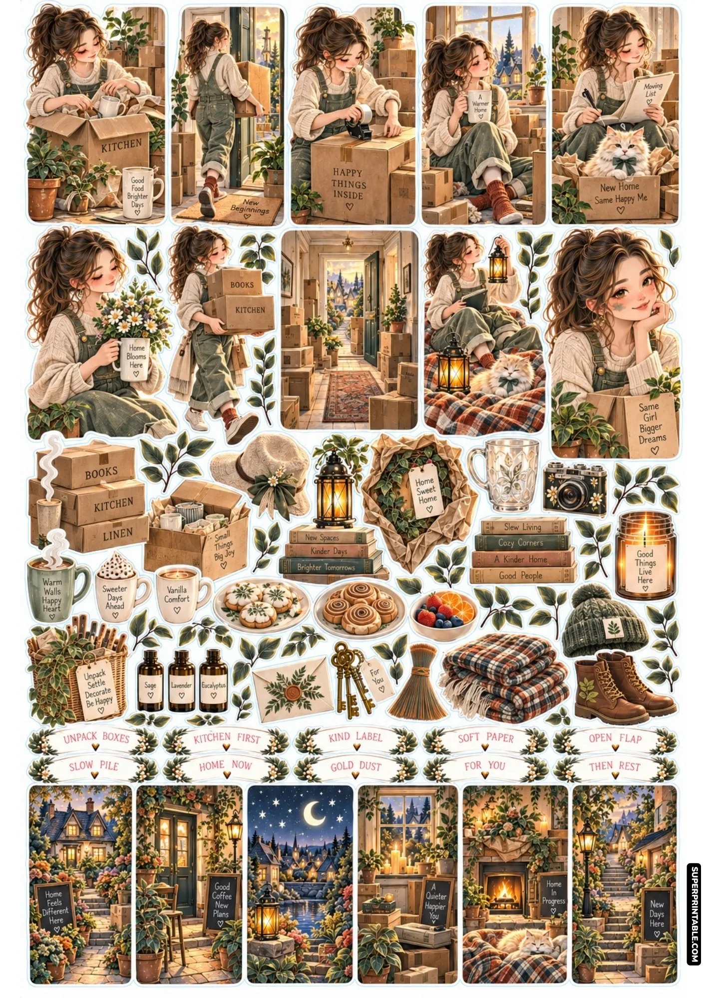 Cute apartment moving sticker sheet with labeled kitchen packing boxes, warm drinks, and cozy cottage vignettes