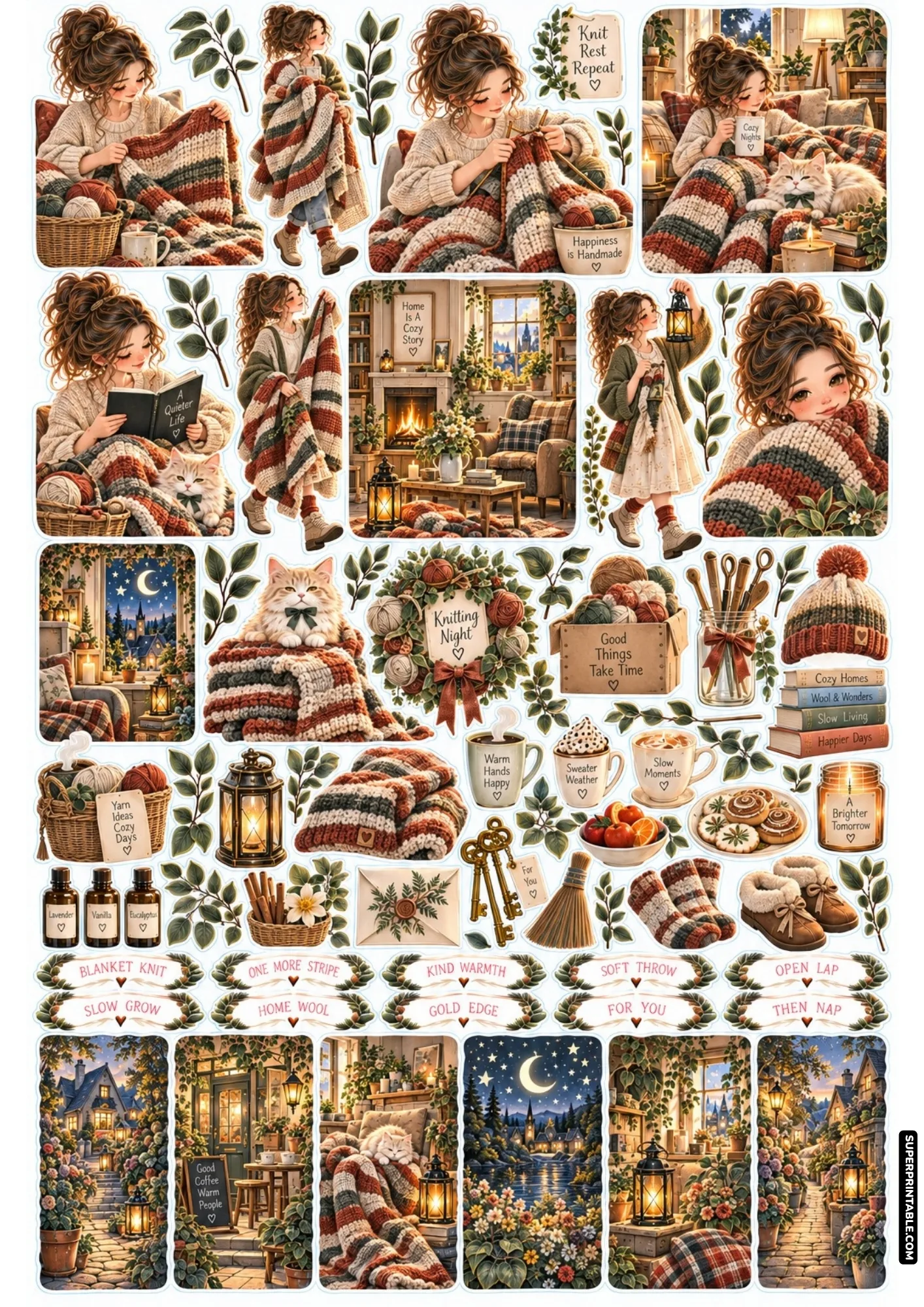 Cozy handmade knitting scenes, yarn baskets, wool socks, and evening fireplace stickers.