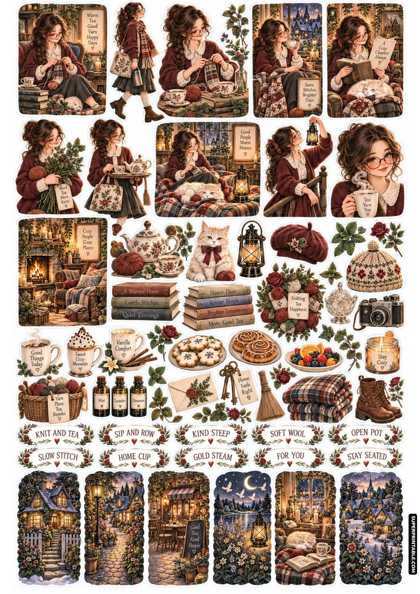 Spectacled crafter in burgundy knit sweater holding a tea tray among warm yarn night stickers.