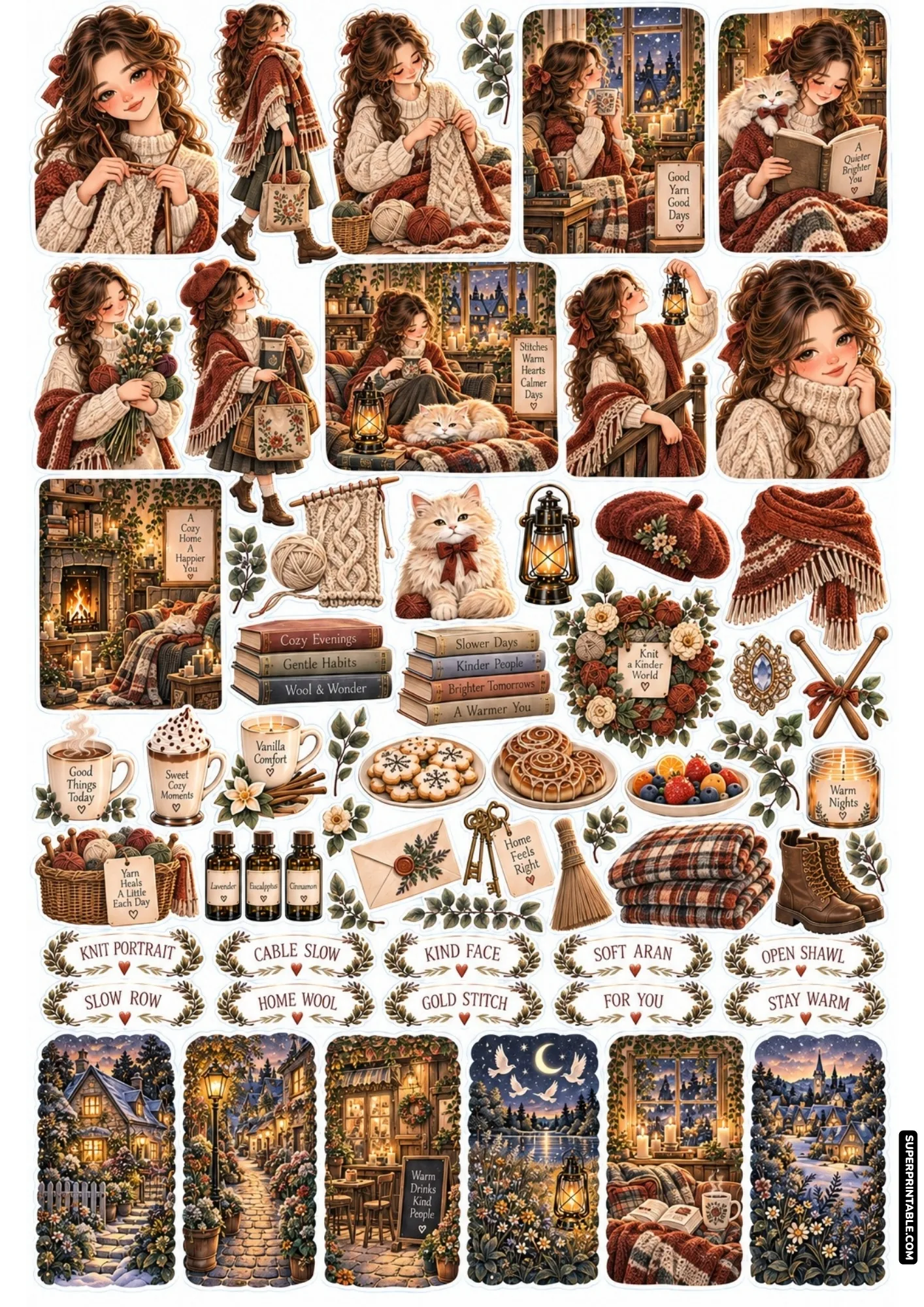 Cream cable knit blanket on needles and crafter in plaid shawl from knitting night sticker sheets.
