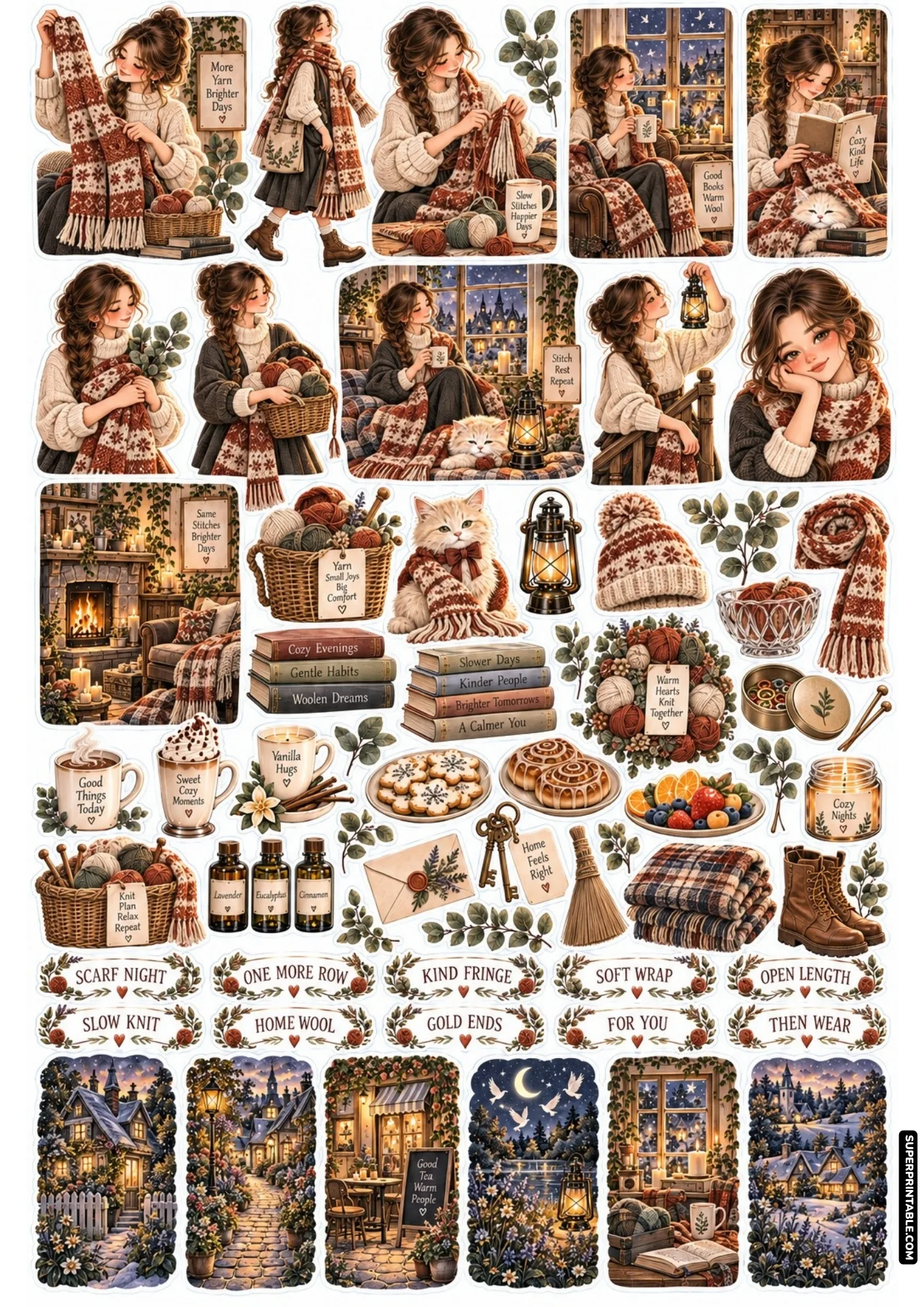 Fair Isle patterned knitted scarf and cozy crafter relaxing near a fireplace with warm drinks.