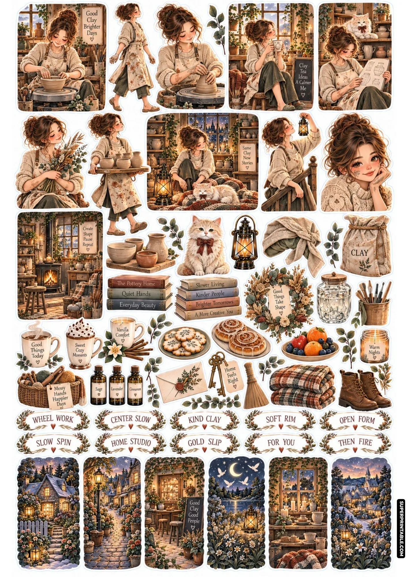 Ceramic artisan throwing clay bowls on pottery wheel wearing splatter apron and cozy sweater.