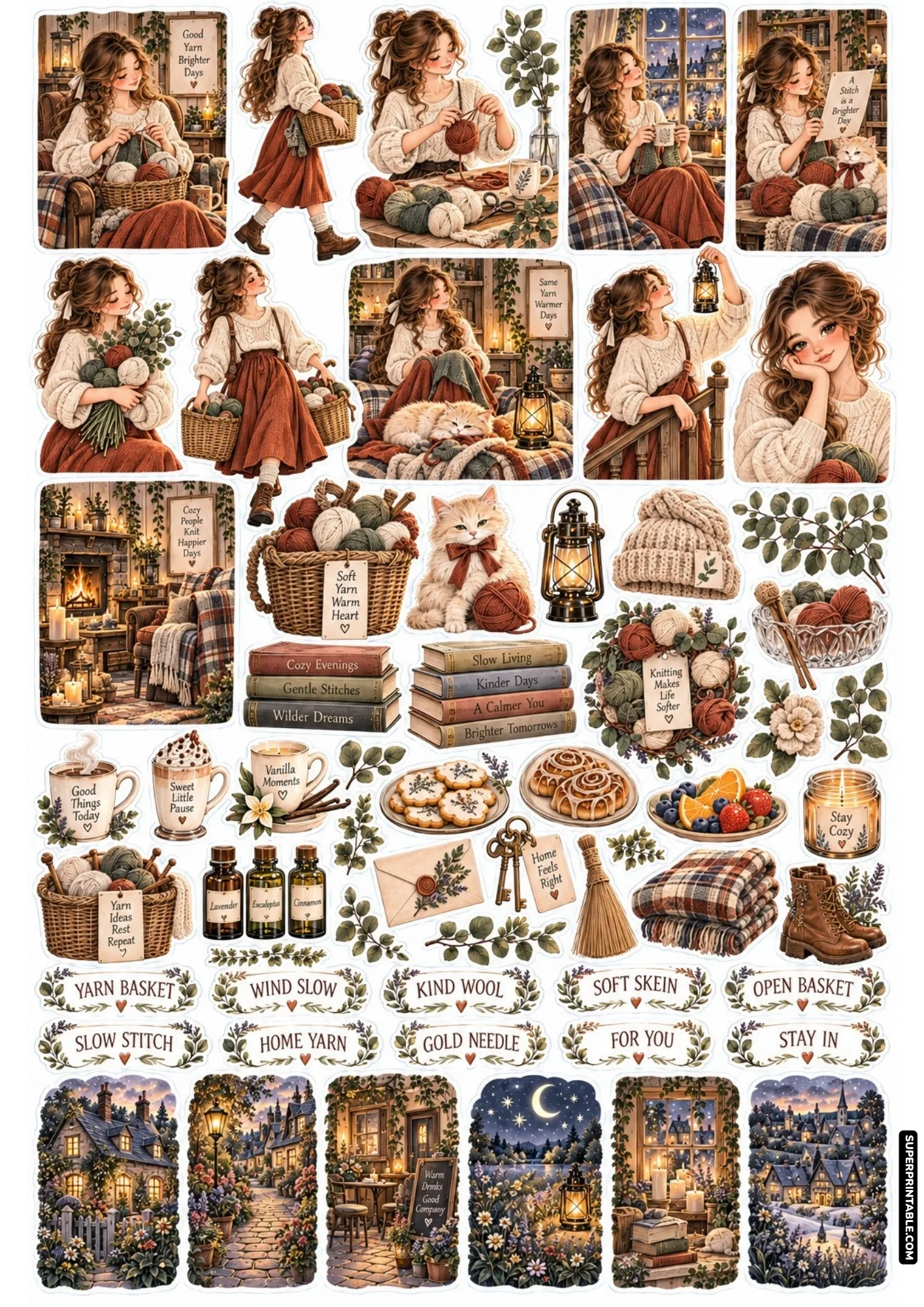 Cozy knitter in cream sweater surrounded by brown yarn balls on knitting night sticker sheets.