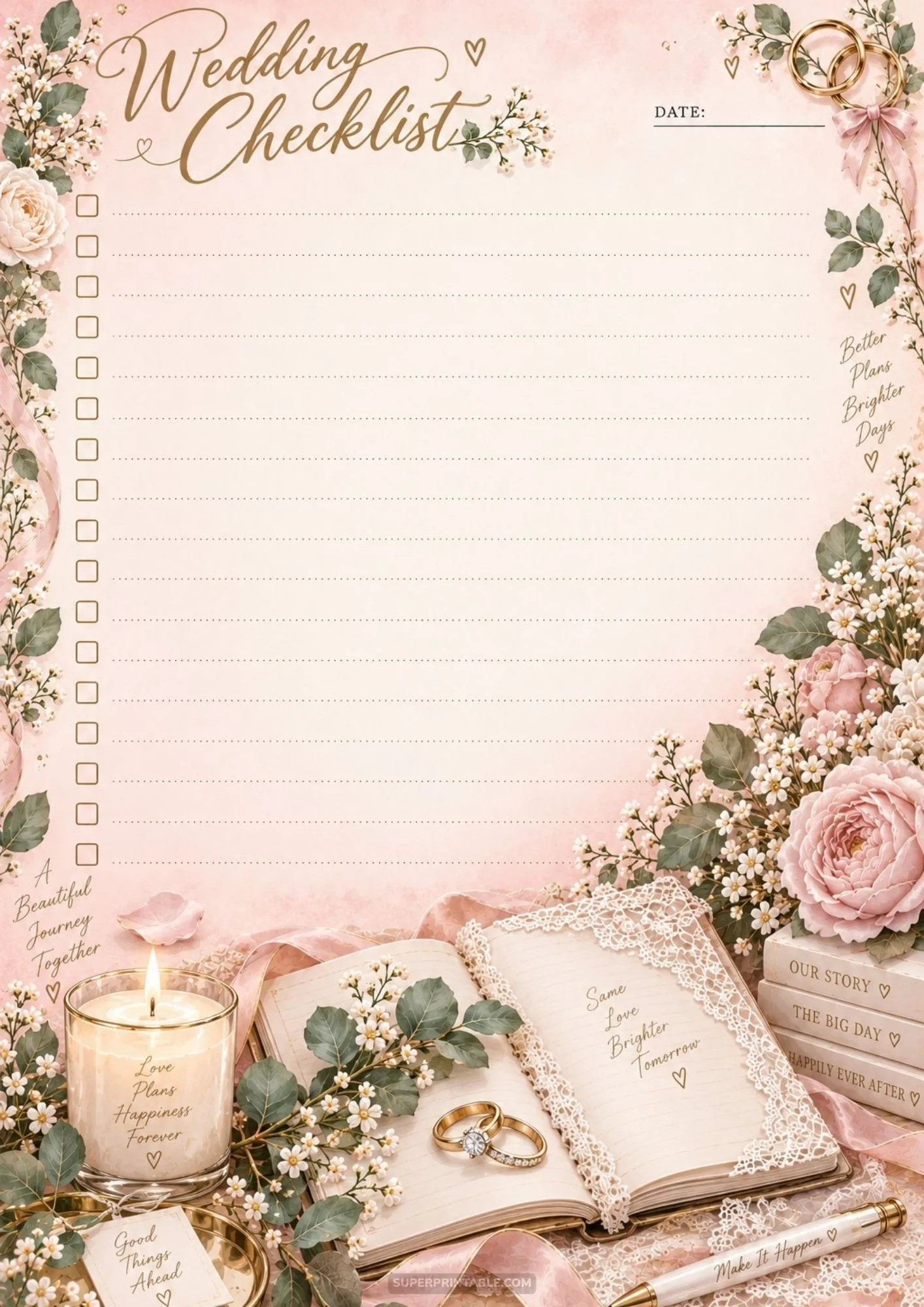 Romantic wedding planning checklist template with lace journal and golden wedding bands.