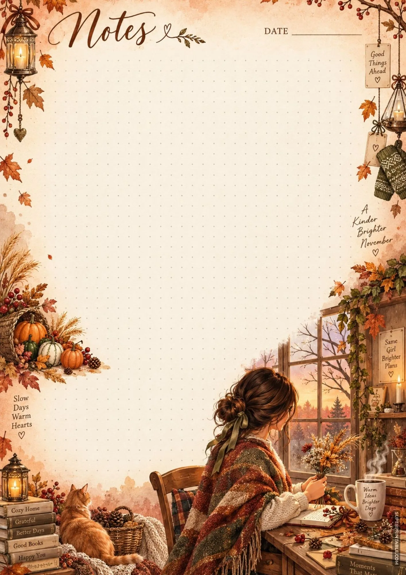 Printable dot grid writing sheet showing a woman at a window desk holding autumn flowers near a lake.