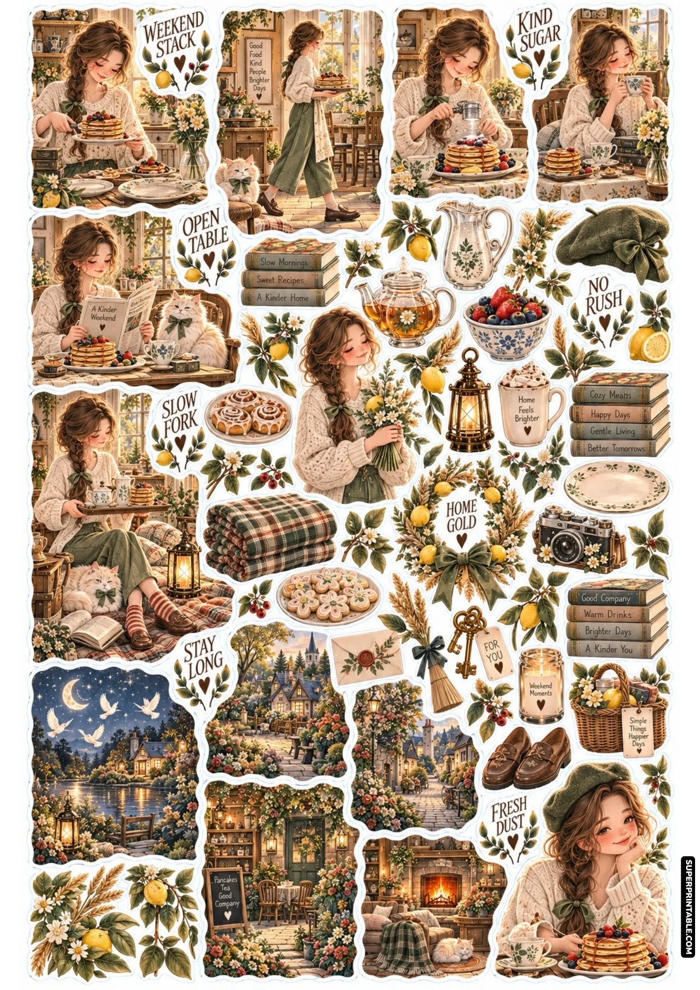 Cottage kitchen sticker sheet with lemon branches, stacked pancakes, and powdered sugar shakers