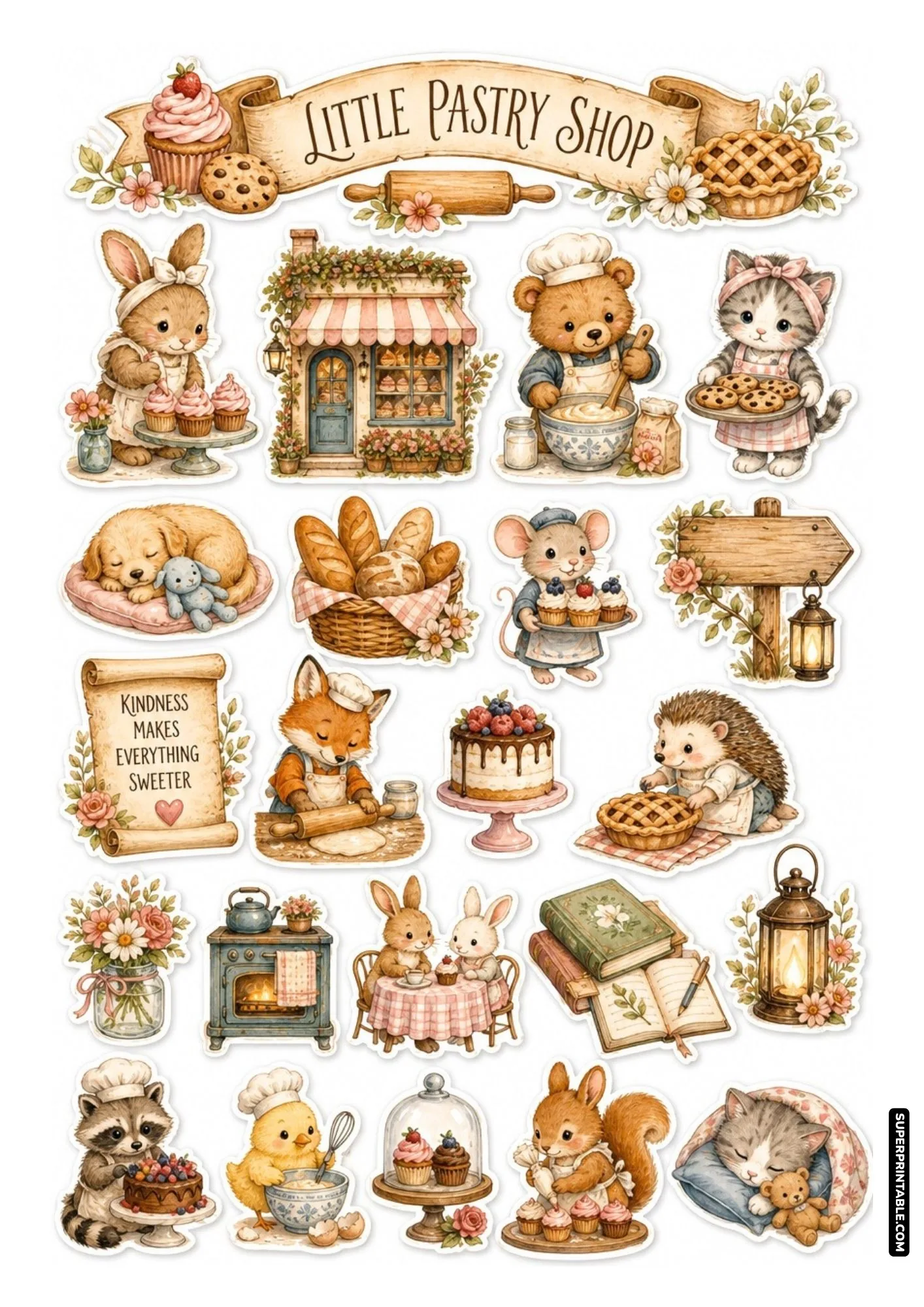 Pastry shop printable stickers depicting adorable animal bakers beside a cute bakery storefront.