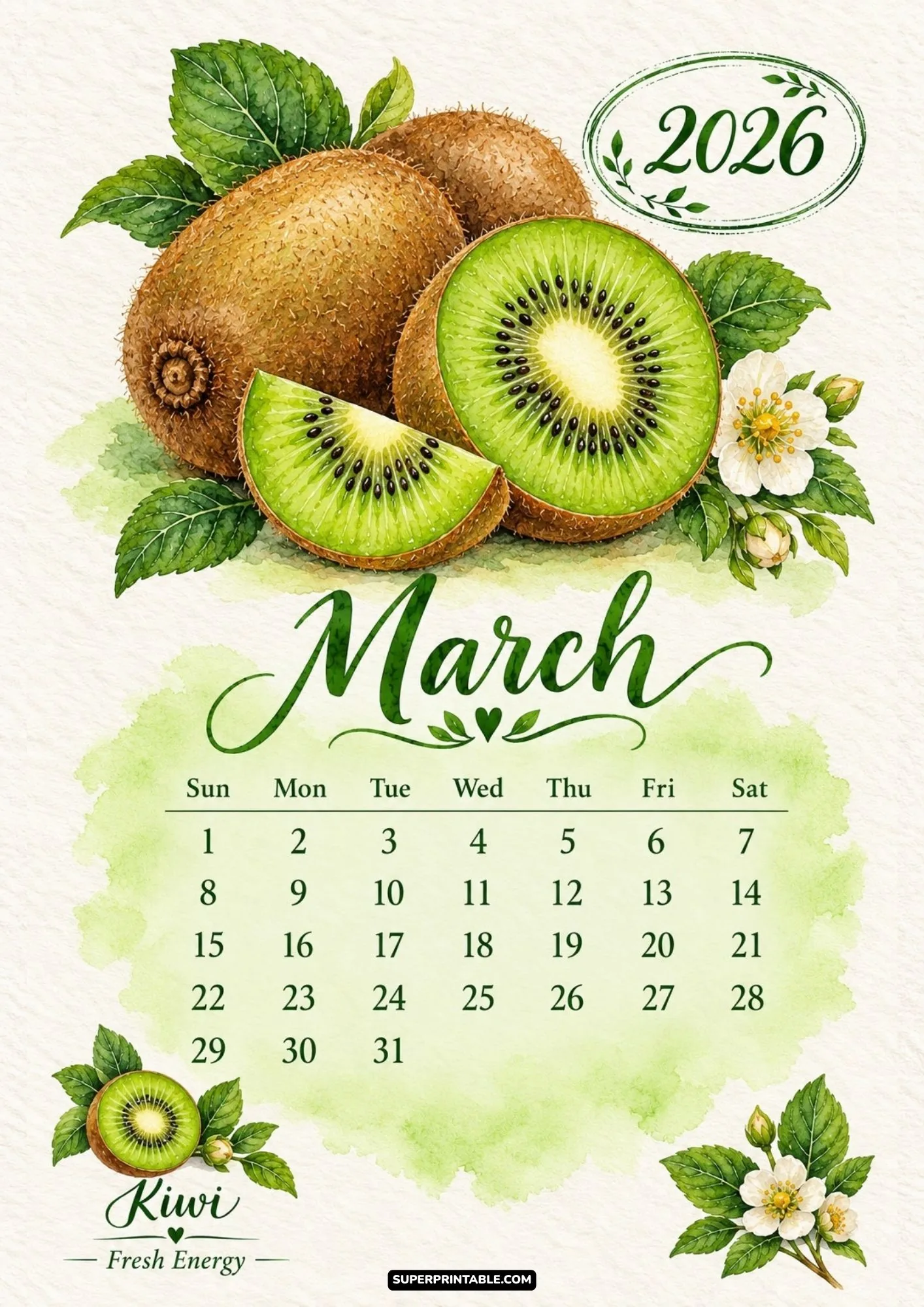 March 2026 printable calendar page with fresh green kiwi watercolor artwork and monthly planner grid.