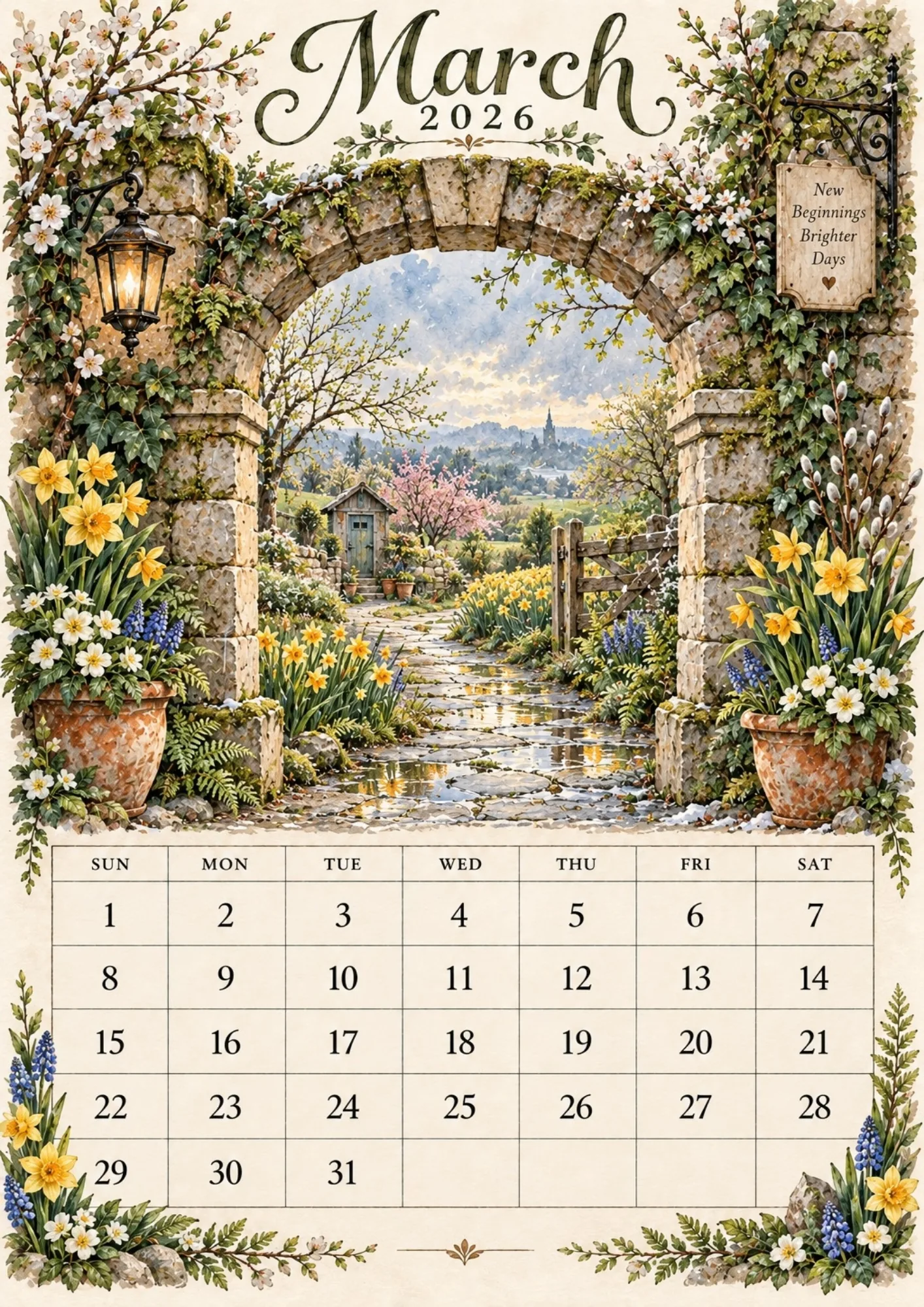 March 2026 calendar layout illustrated with blooming yellow daffodils and a sunlit stone garden arch.