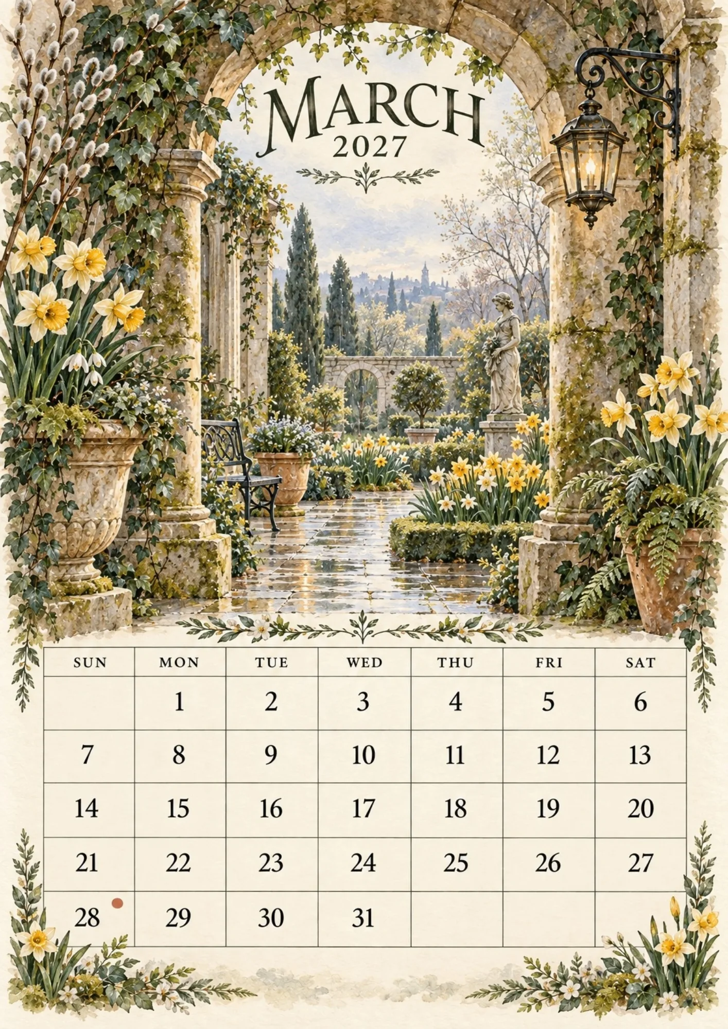 March 2027 calendar layout illustrated with blooming yellow daffodils and a sunlit stone garden arch.