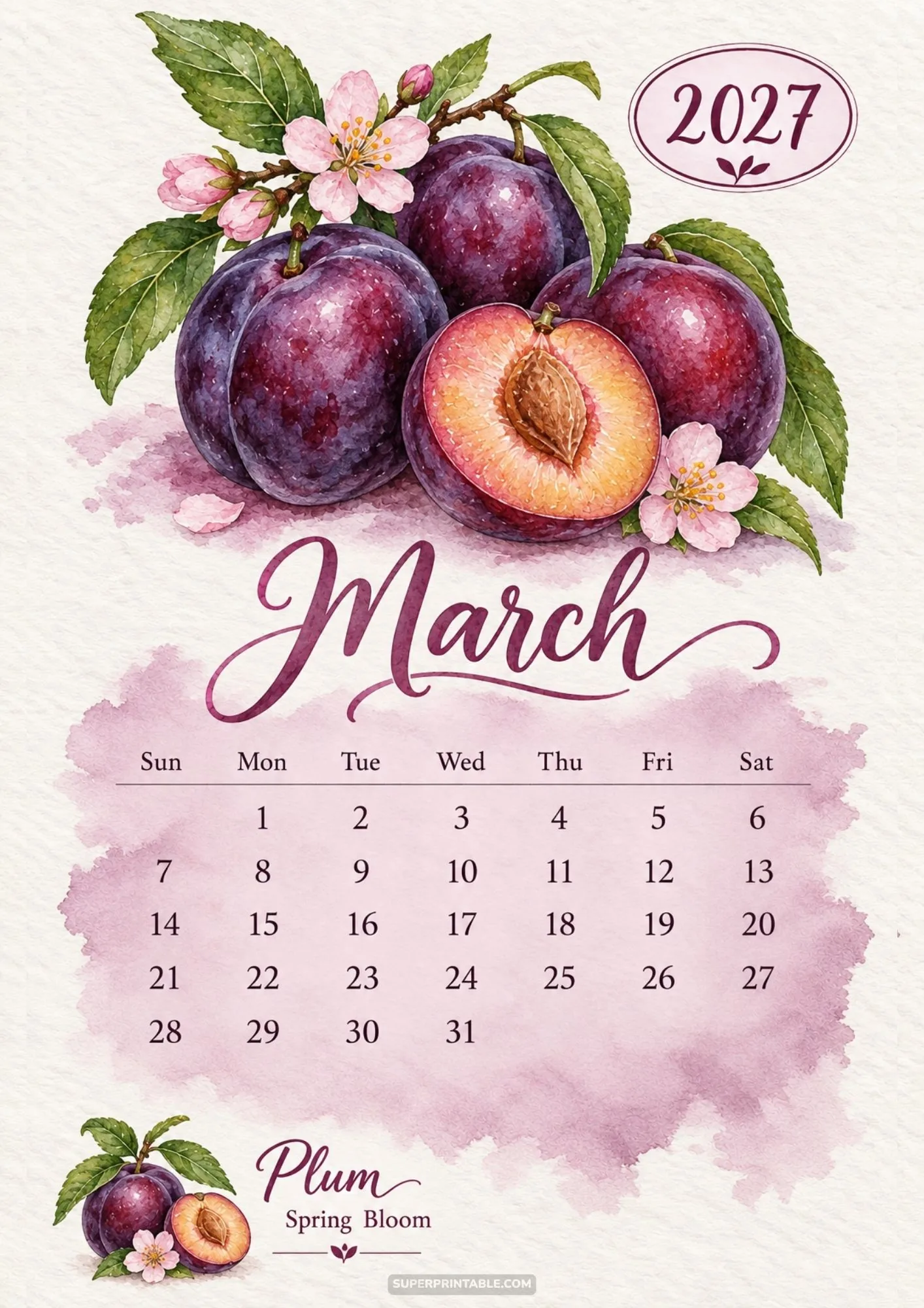 March monthly calendar layout displaying soft watercolor purple plums and spring tree blossoms.