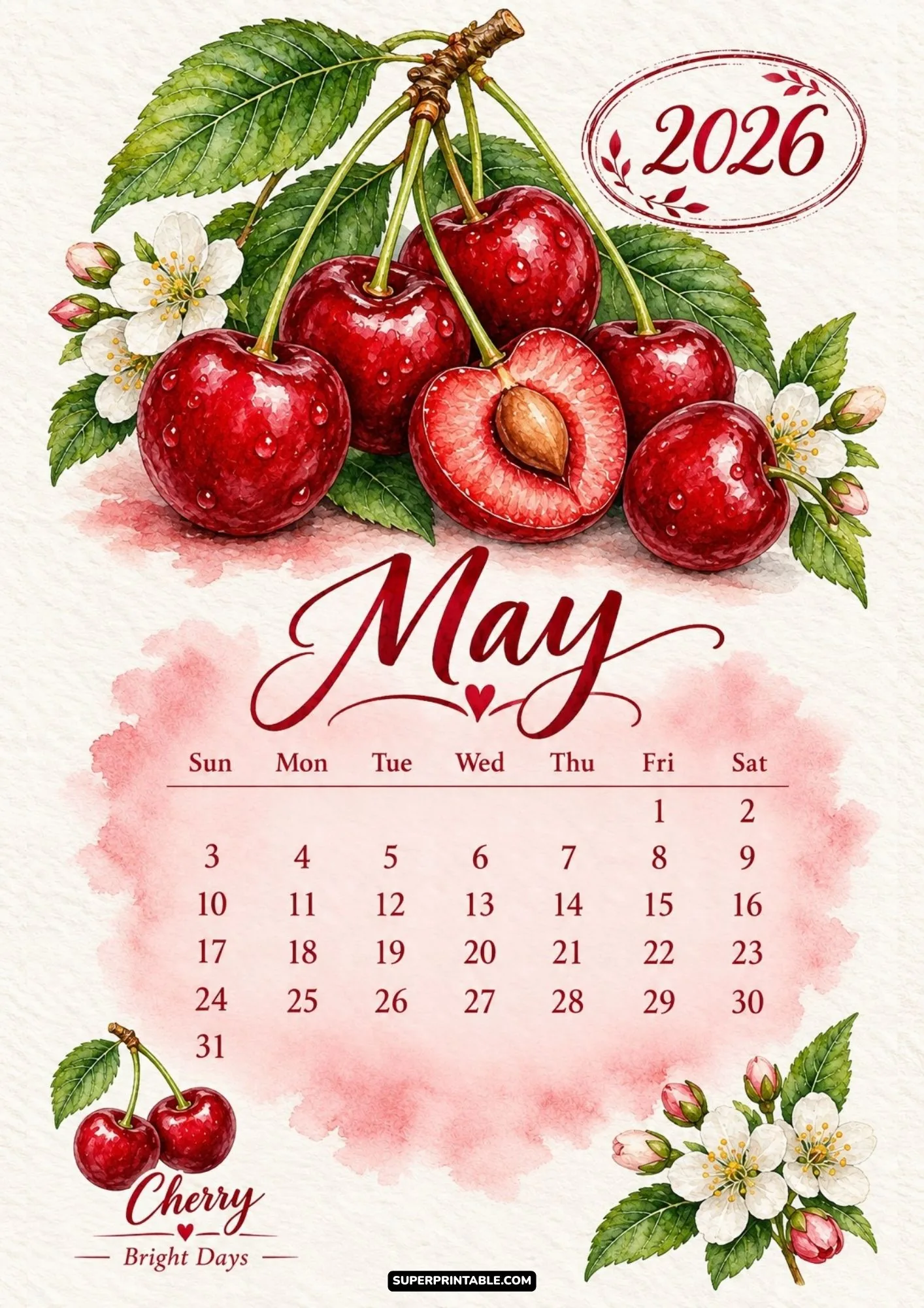 May 2026 printable monthly planner page featuring glossy watercolor red cherries and white flowers.