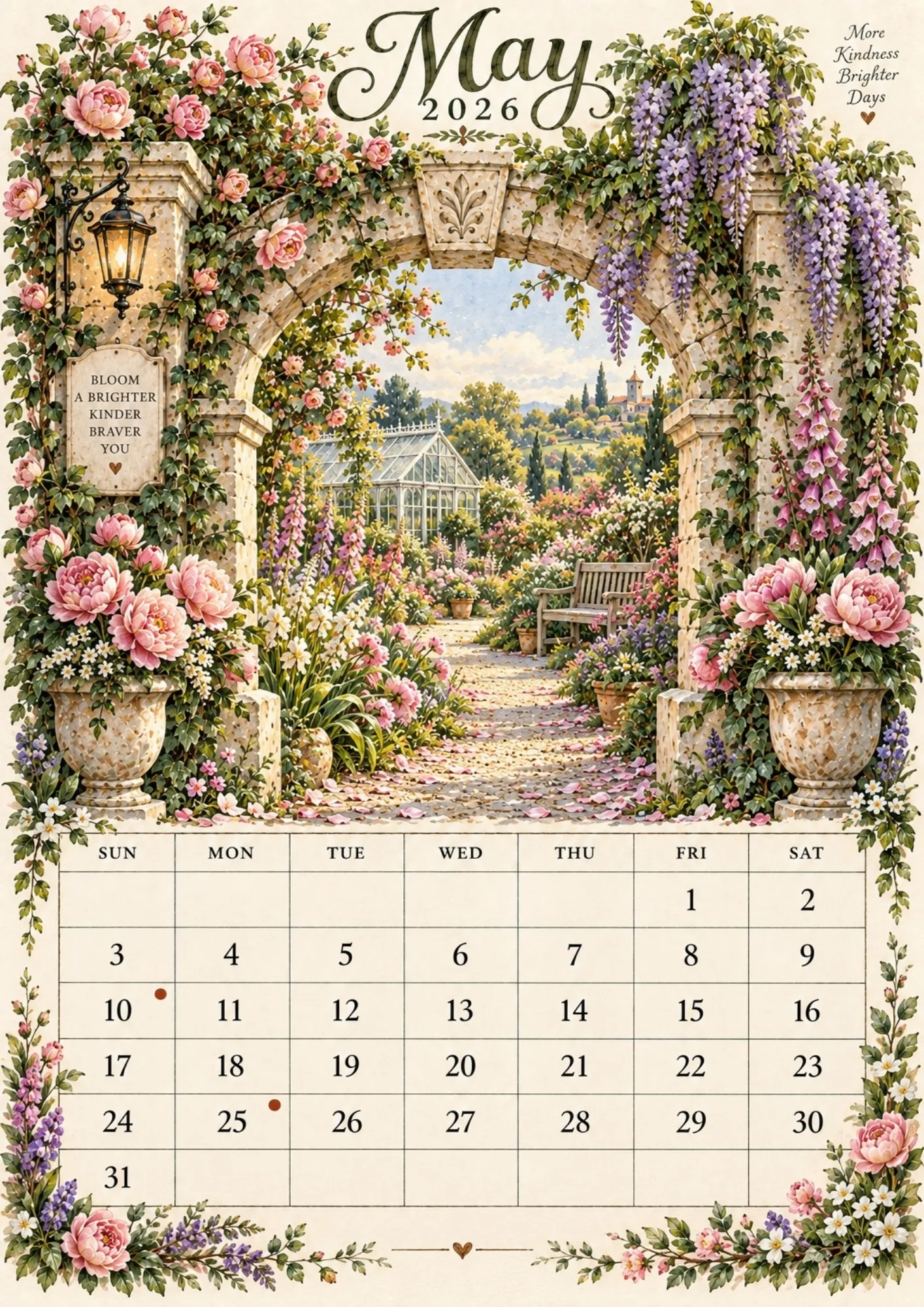 May 2026 calendar page with purple wisteria, pink peonies, and a charming glass garden conservatory.