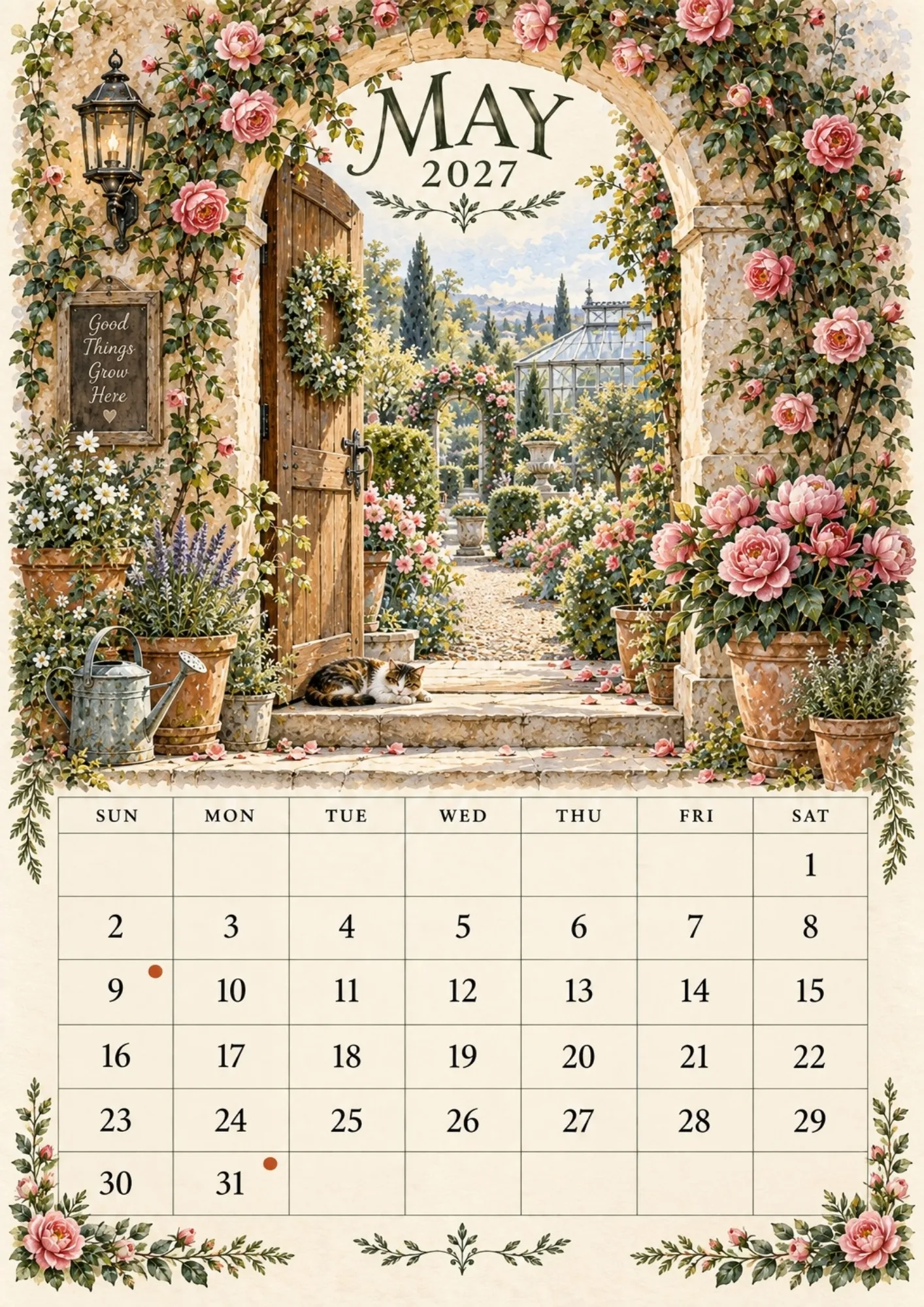 May 2027 calendar page with pink garden roses, sleeping tabby cat, and an open rustic garden door.