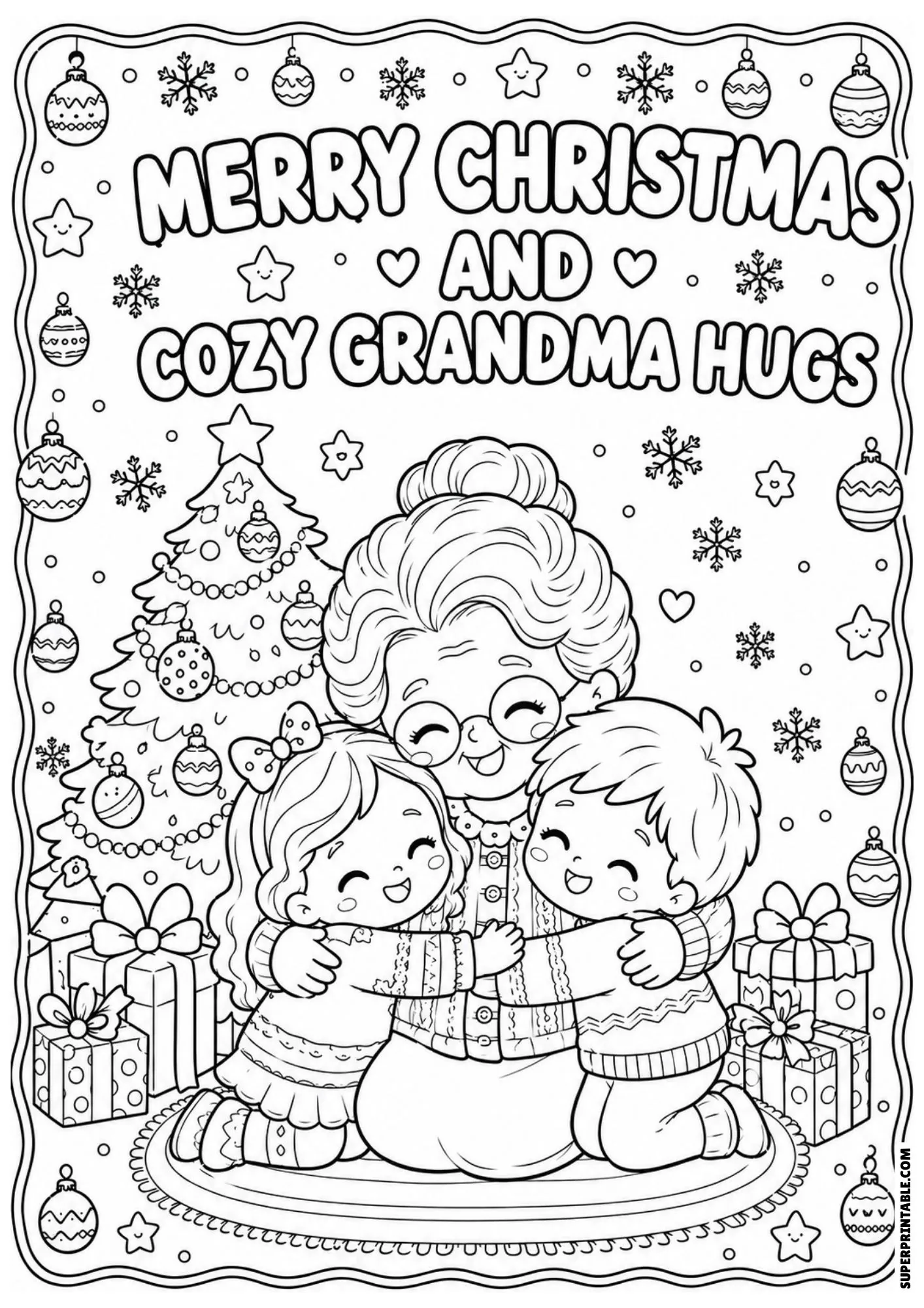 Illustration of a grandmother embracing two happy children in front of a decorated Christmas tree with gifts.