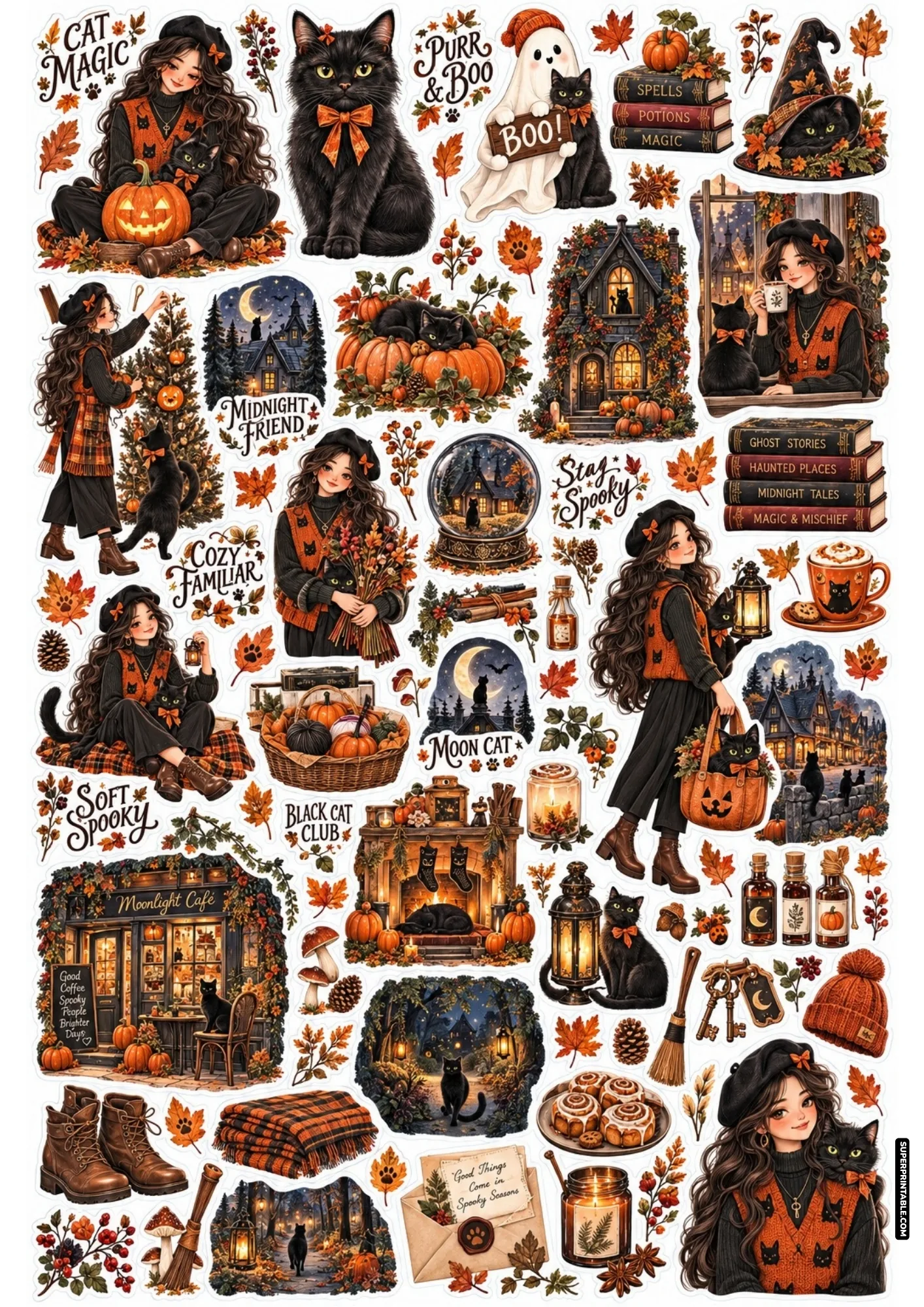 Cozy black cat sticker sheet with beret-wearing girls, pumpkin decorations, and glowing cafe windows.