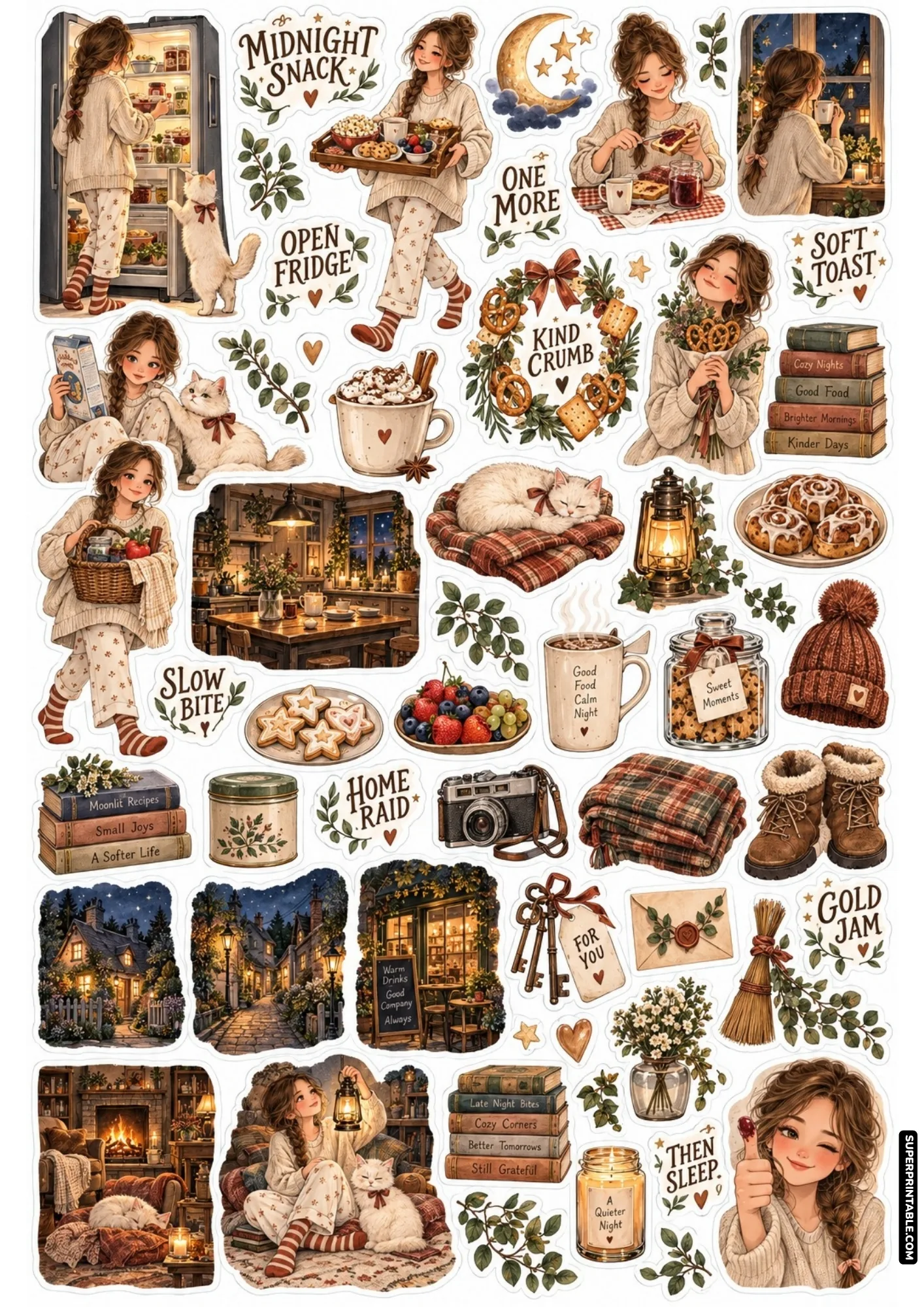 Late night kitchen snack stickers featuring refrigerator treats, warm toast with berry jam, and cookie jars