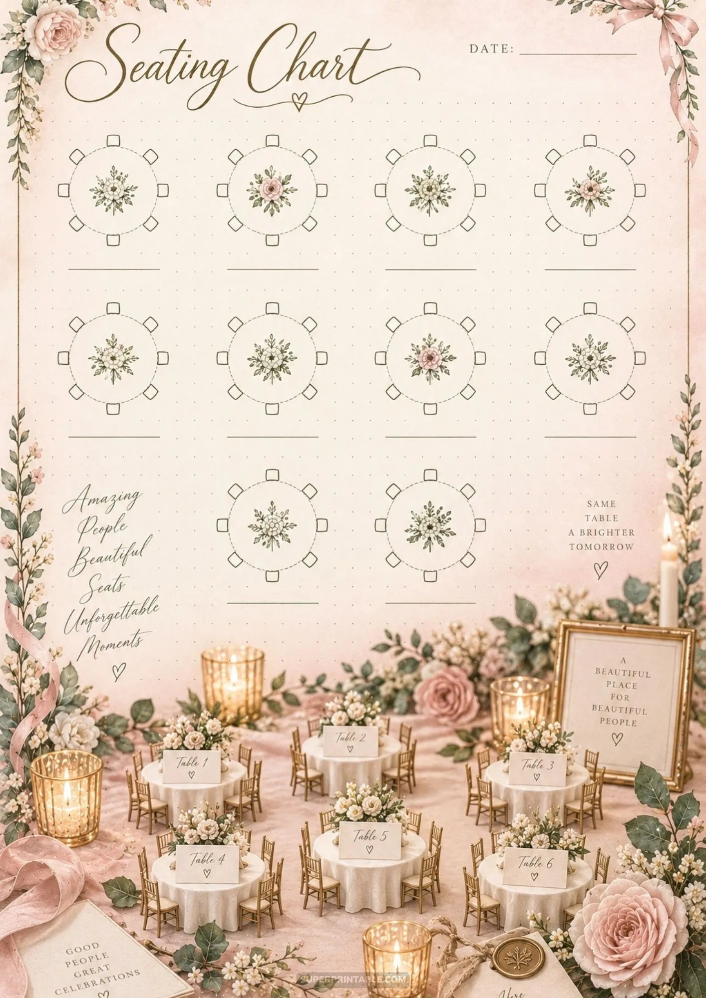 Blush pink seating chart sheet shown above miniature dining tables with floral centerpieces and candles