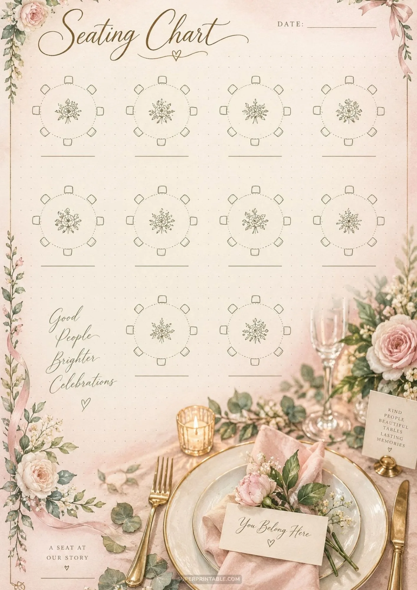 Minimalist reception chart with botanical table icons alongside a blush pink and gold table place setting