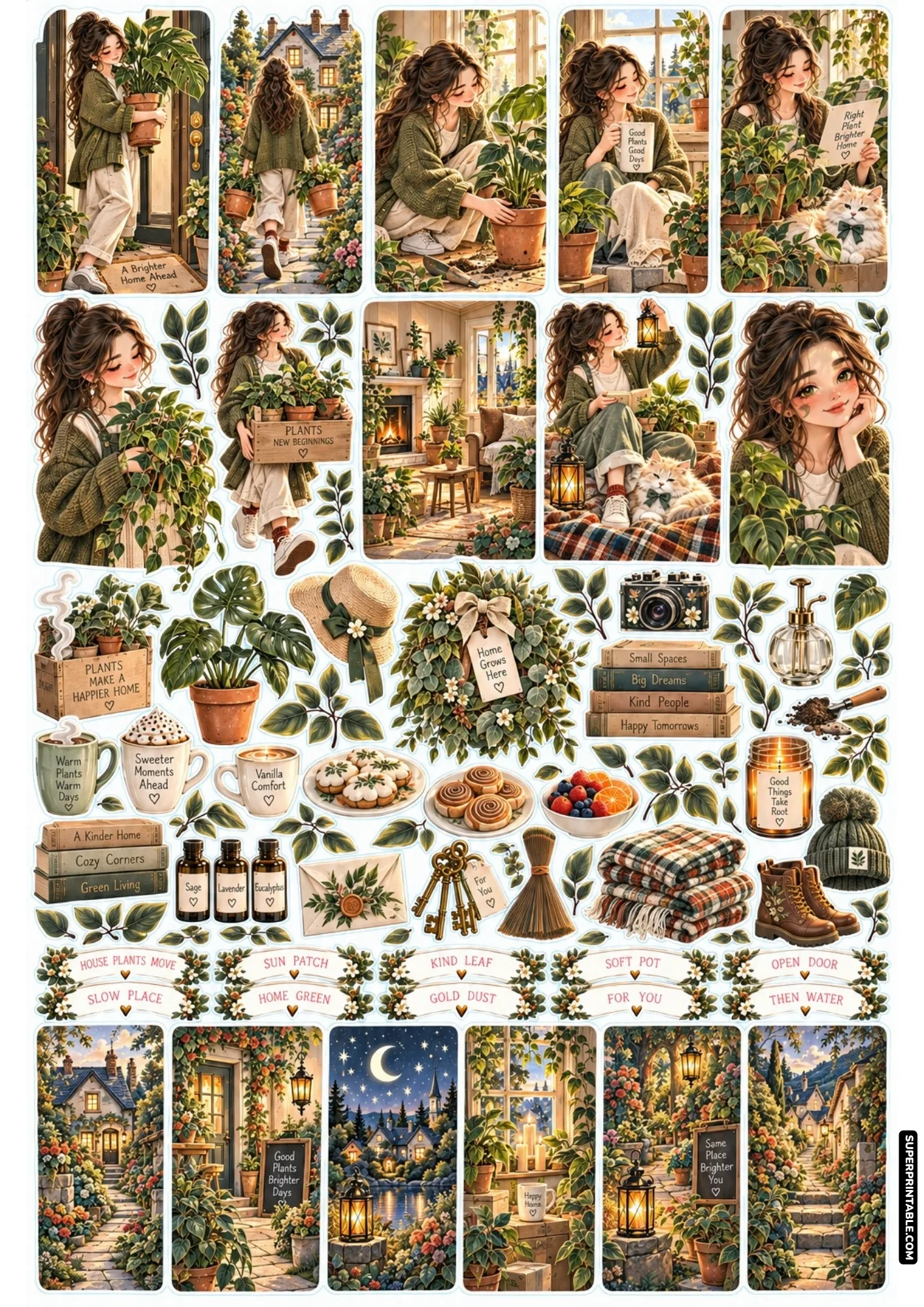 Vibrant monstera houseplant repotting sticker sheet with sunny windowsill nooks and vintage plant misting bottles