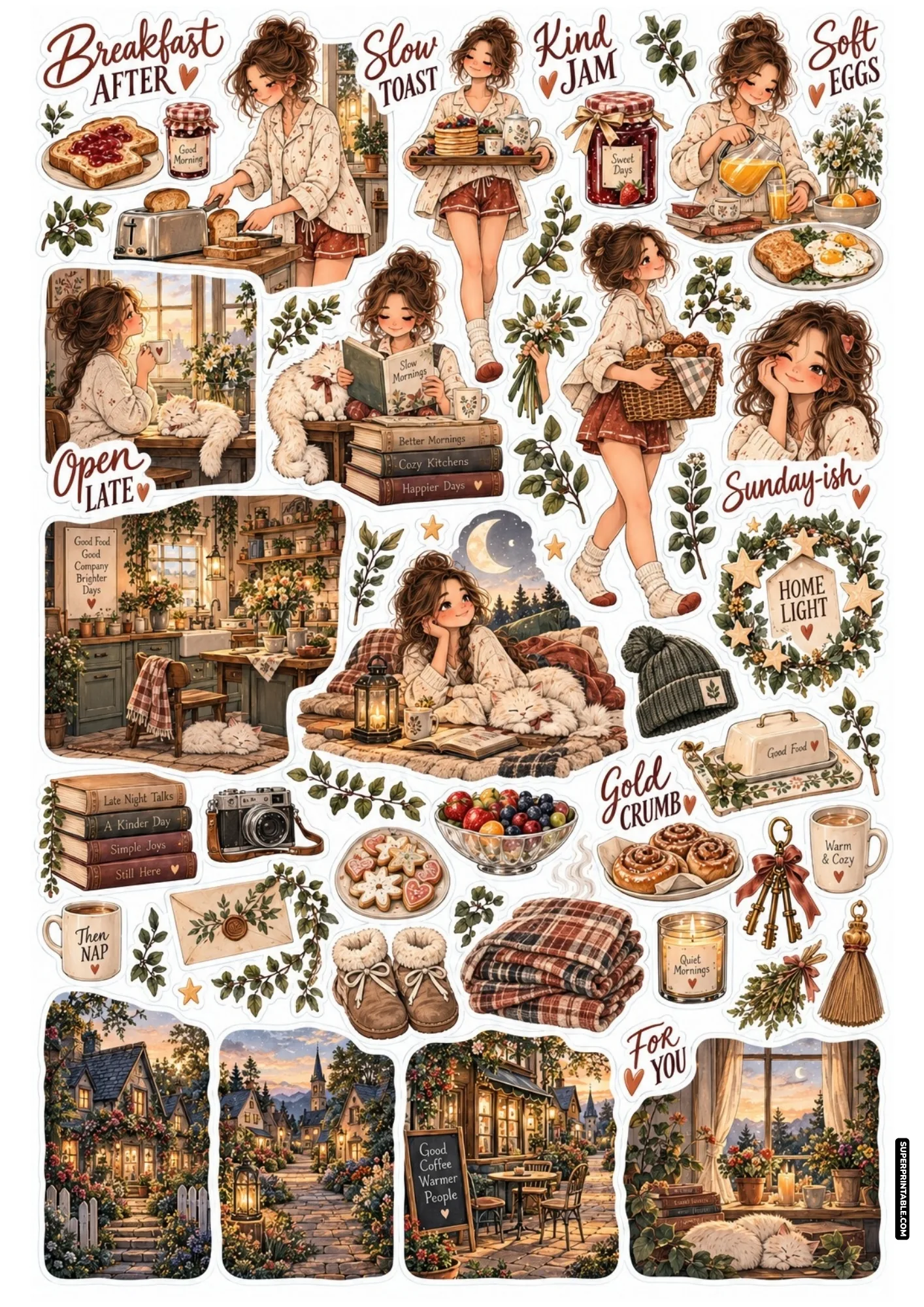 Pancake breakfasts, warm toast, freshly baked muffins, and cozy sunlit kitchen scenes.