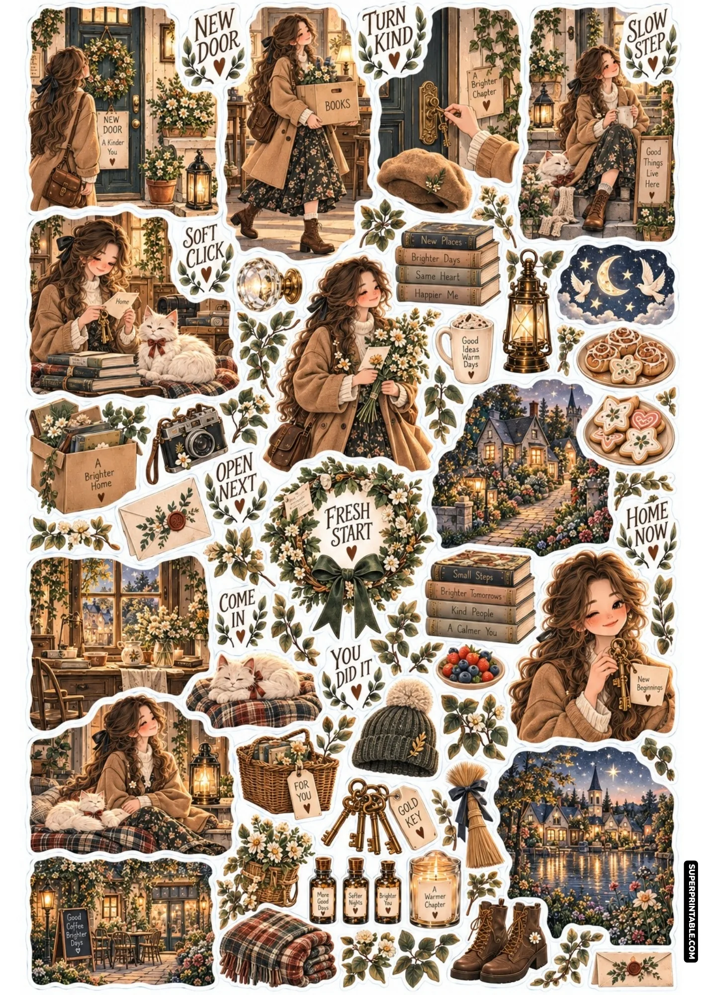 Young woman carrying a box of books unlocking a cottage door surrounded by floral stickers.
