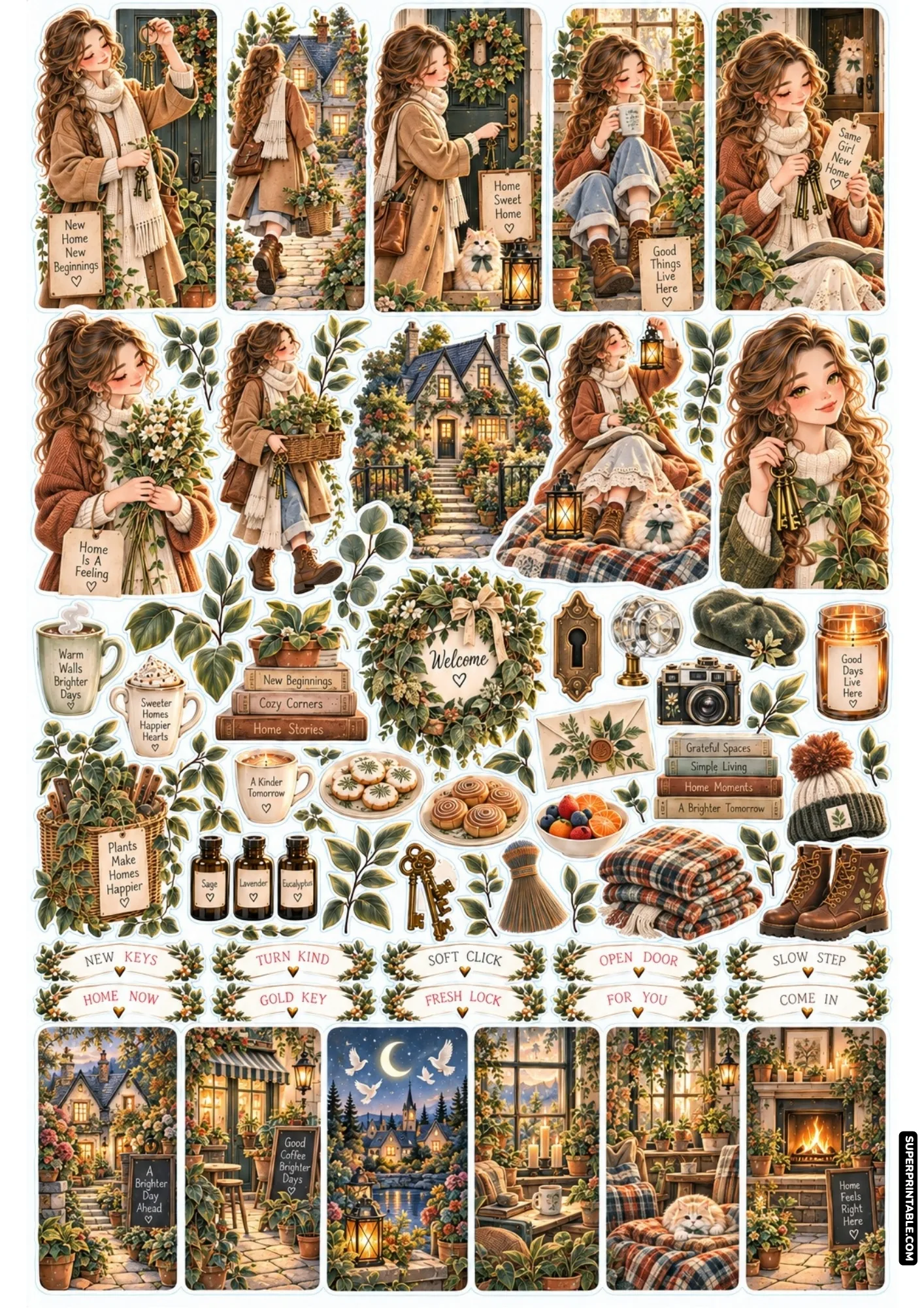Housewarming sticker sheets illustrating new home keys, front porch wreaths, and rustic entryway elements