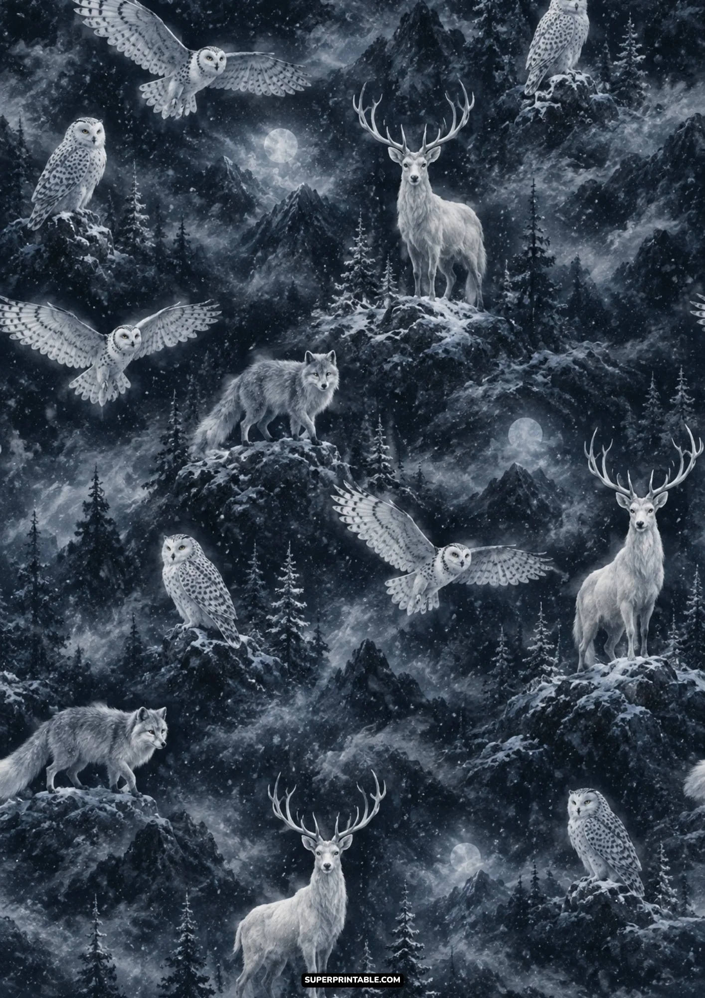 Seamless midnight pattern of white stags, snowy owls, and arctic foxes amid snow-draped pine mountain peaks