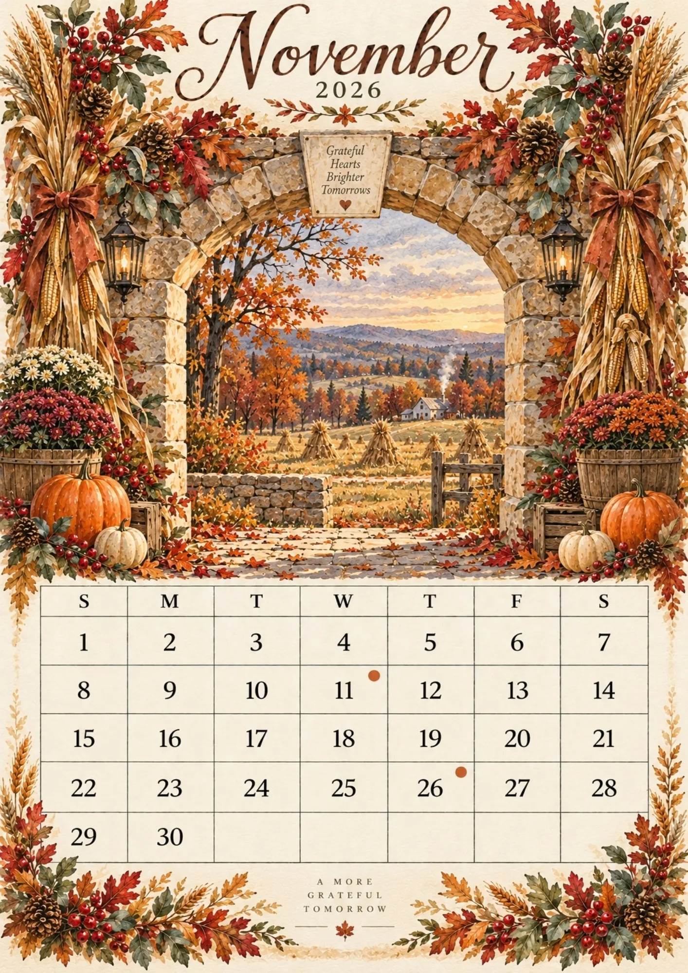 November 2026 calendar sheet featuring decorative cornstalks, pumpkins, and harvested golden farm fields.