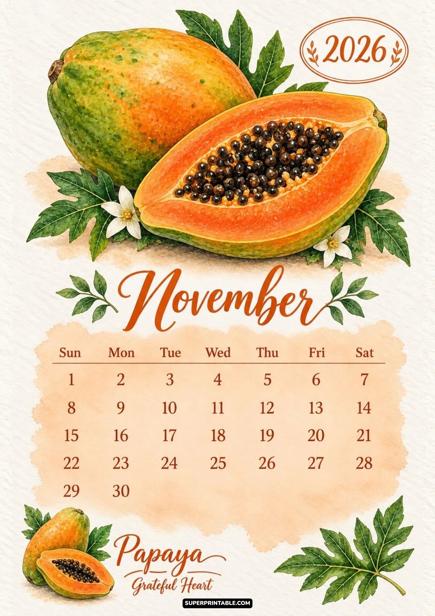November 2026 wall calendar design showcasing vibrant watercolor papaya fruit and tropical leaves.