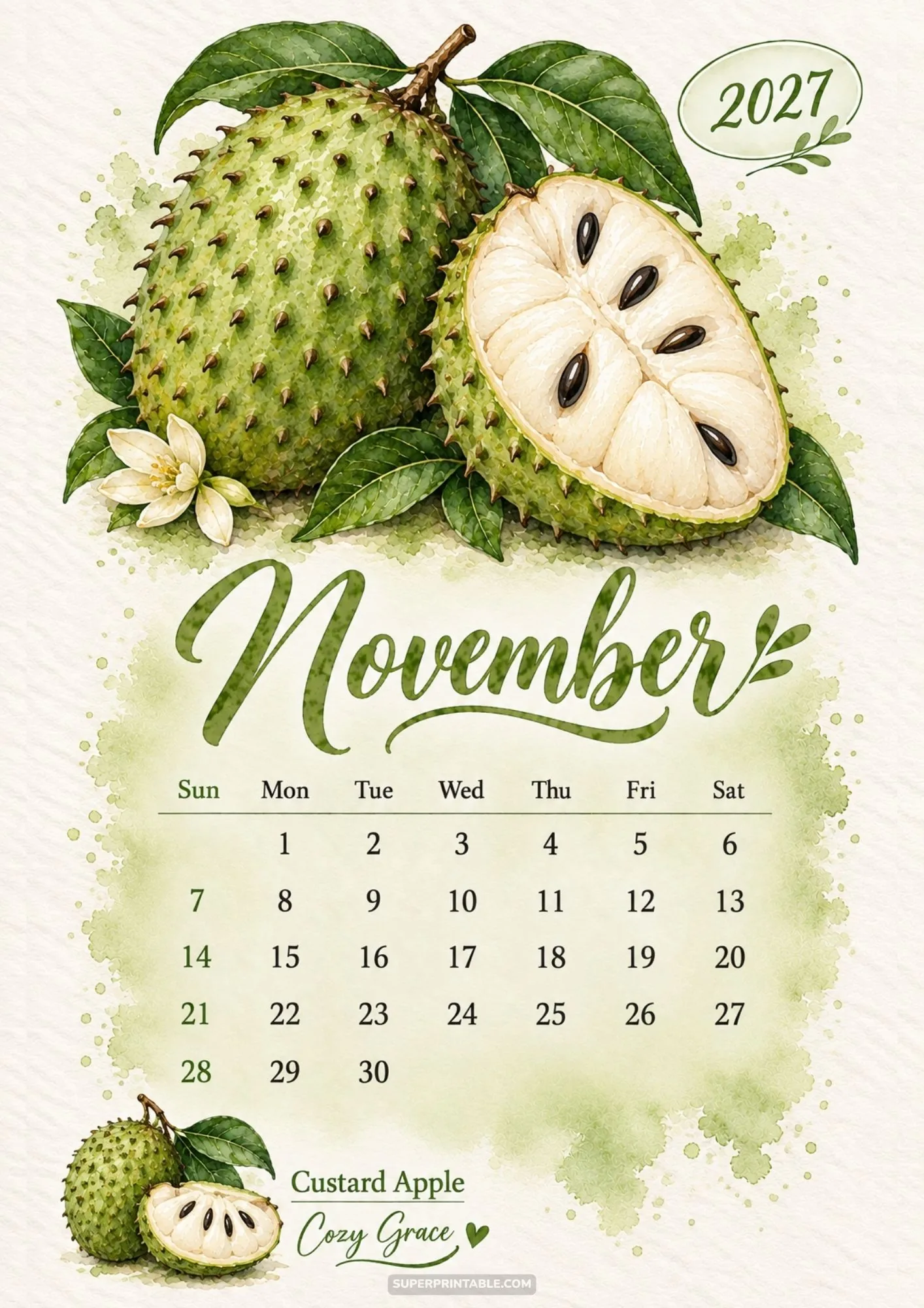 November calendar page layout featuring watercolor custard apple illustrations and green leaves.