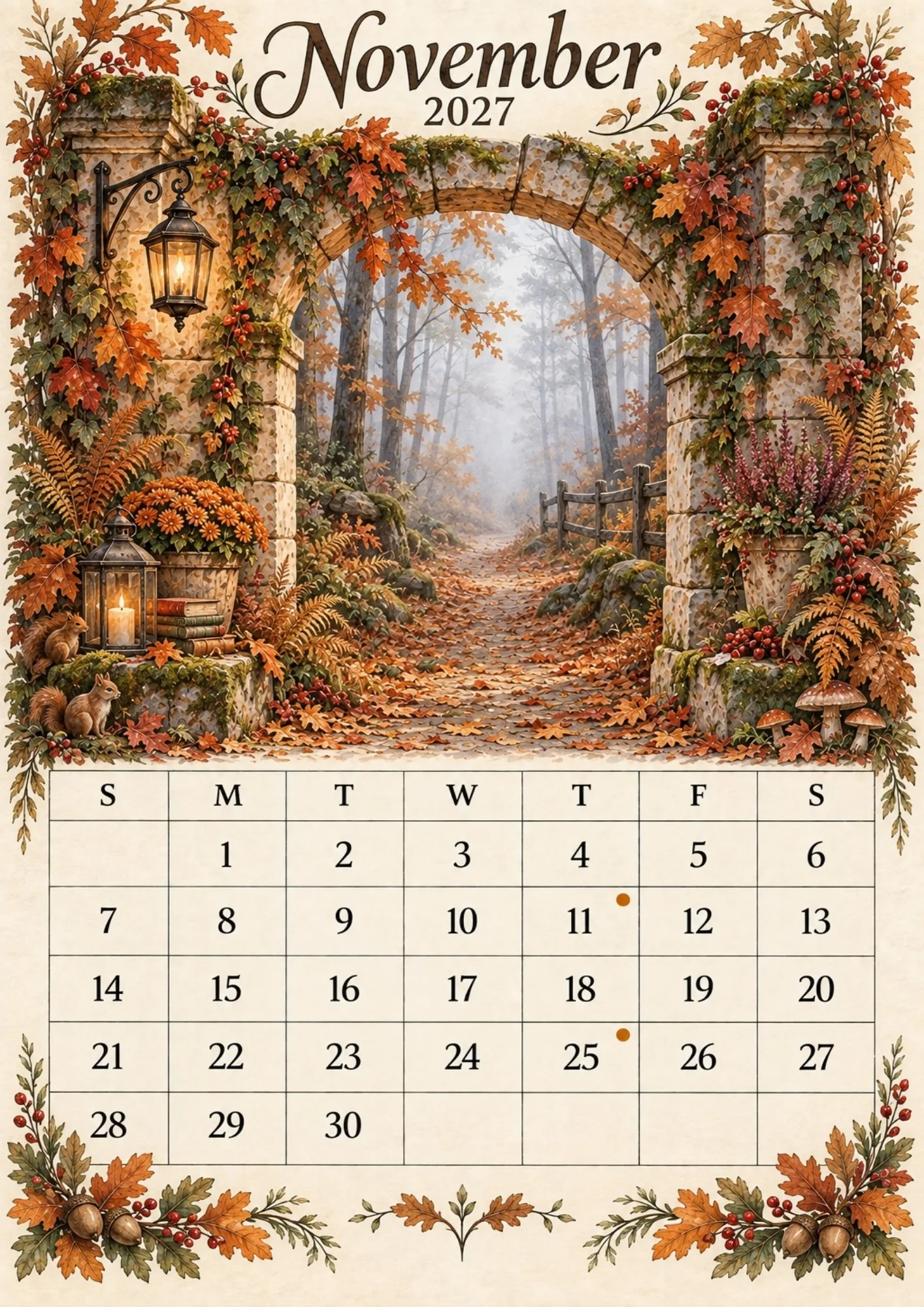 November 2027 calendar sheet depicting cute squirrels, old books, and a misty autumn forest framed by stone.