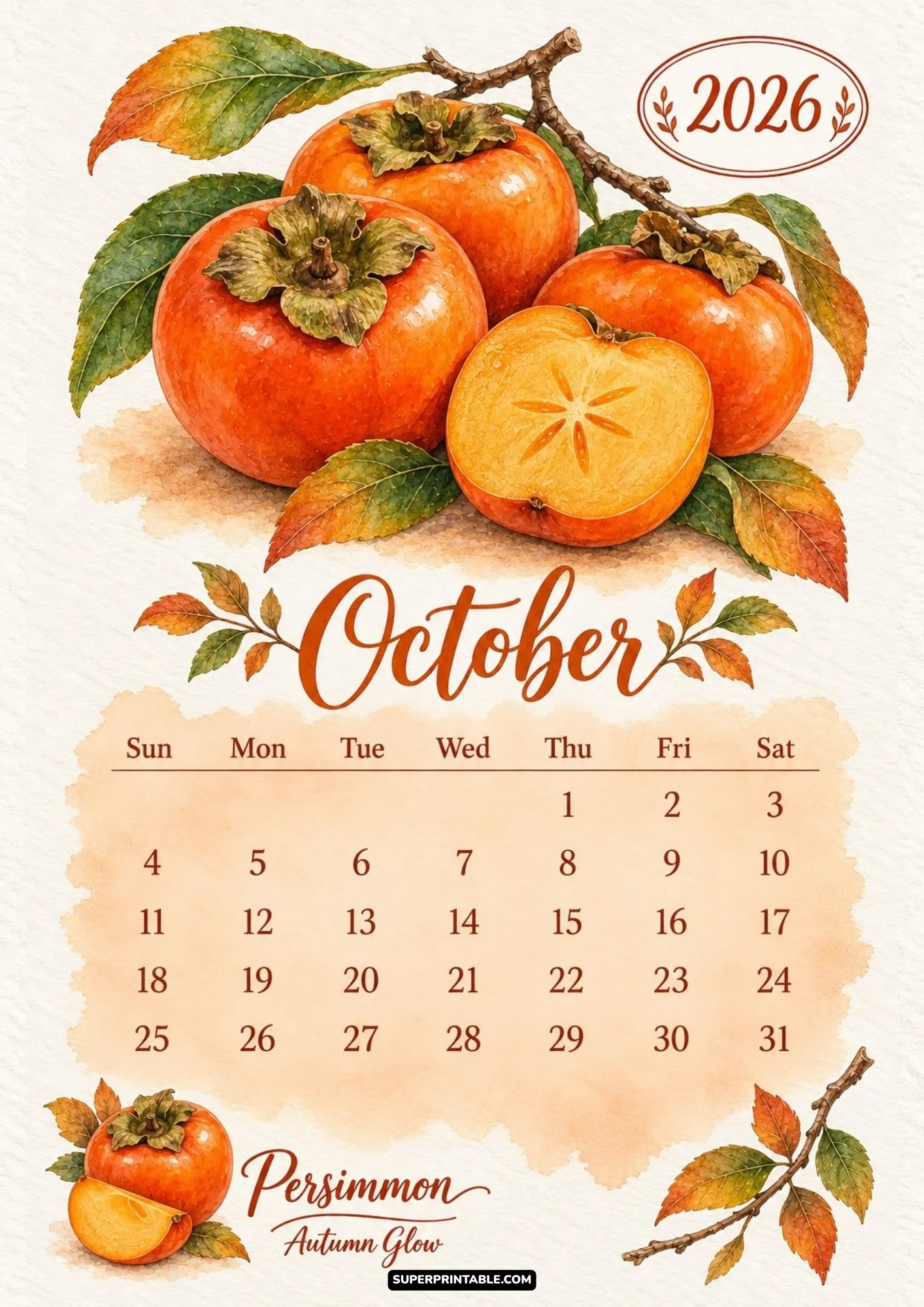 October 2026 printable calendar page decorated with warm watercolor persimmons and fall foliage.